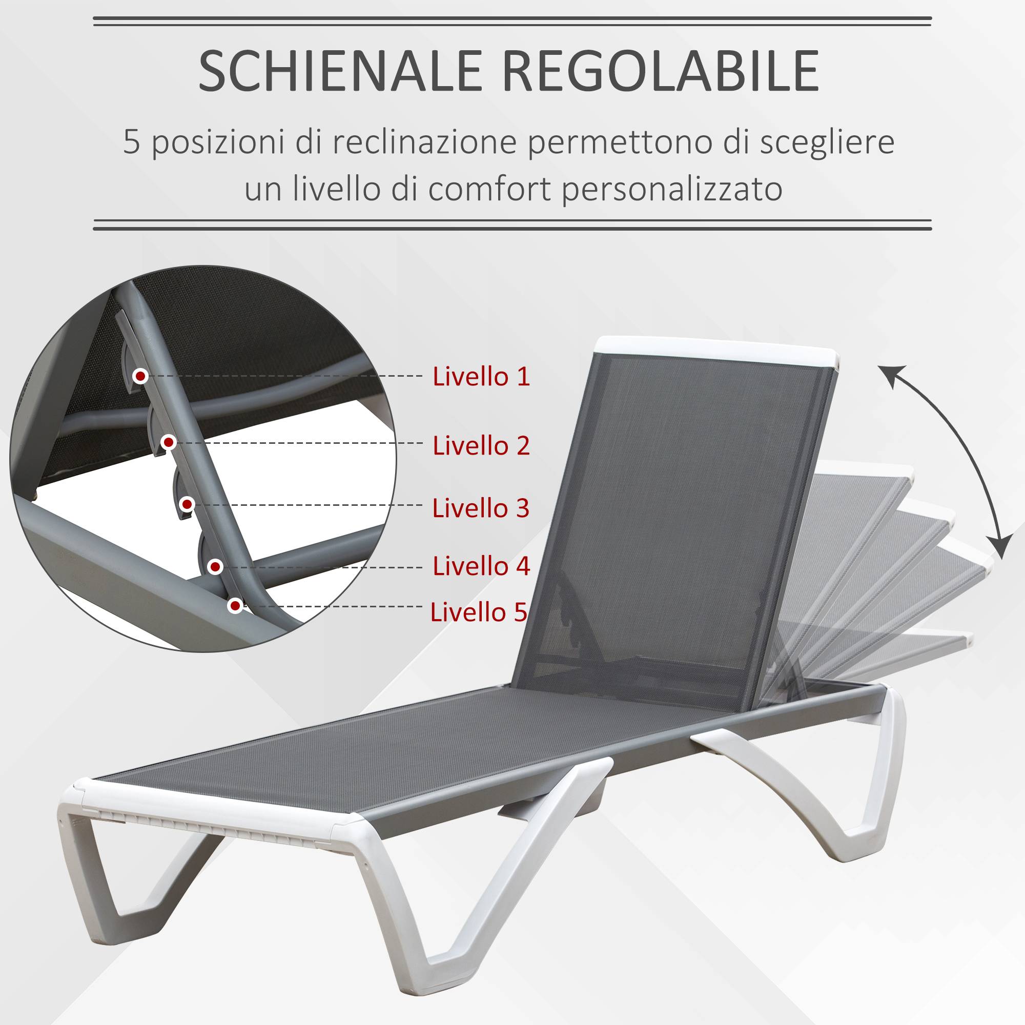 Transat avec dossier inclinable et roulettes arrière, 195 x 67,5 x 33 cm, gris et blanc - Image 6