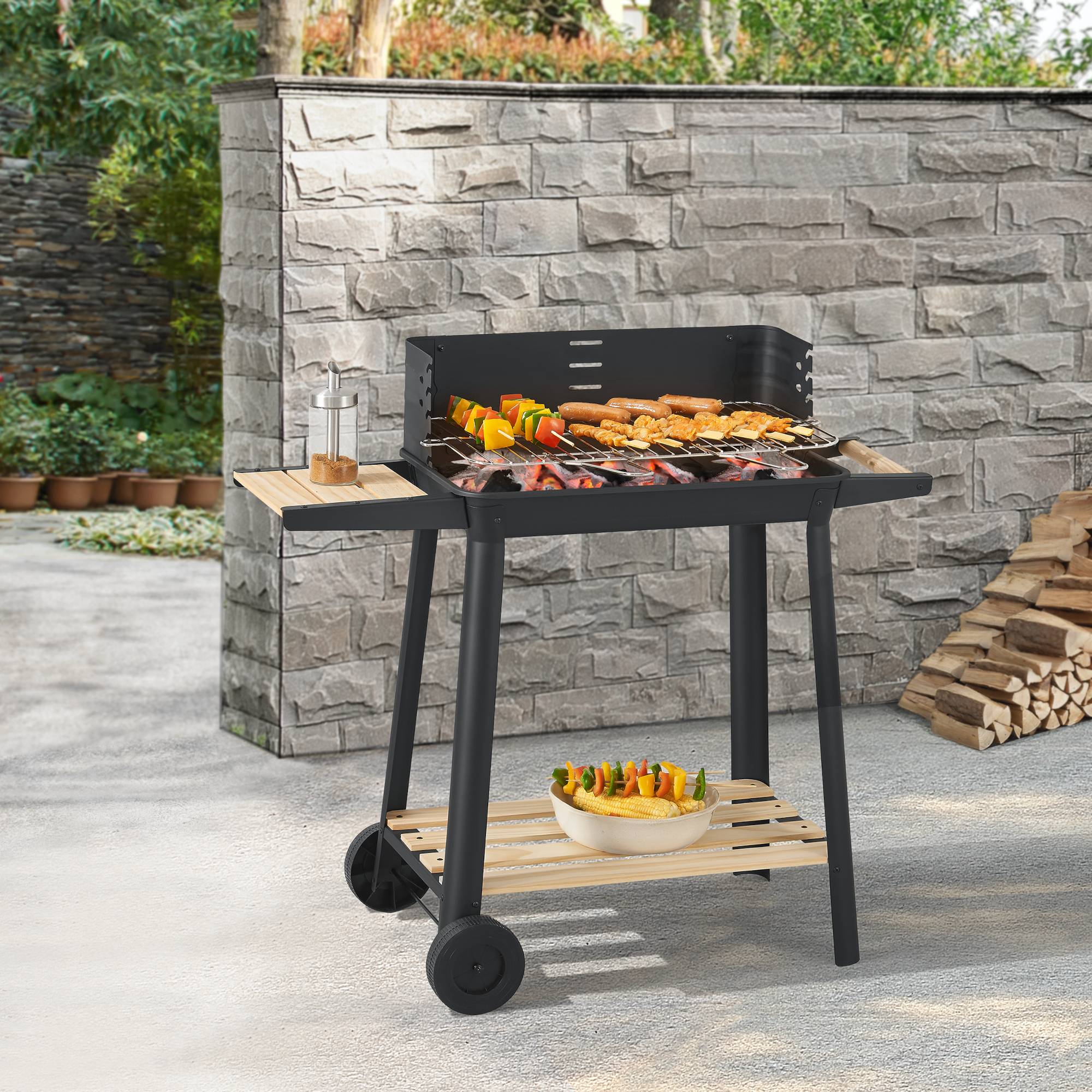 Casa.Pro - Chariot de barbecue au charbon de bois Ari 78 x 86 x 30 cm noir naturel casa.pro - Image 2