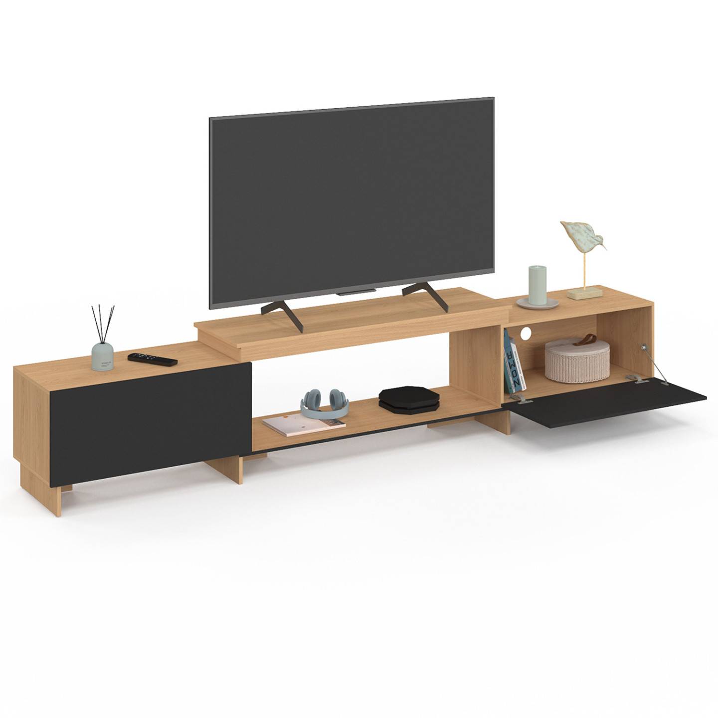 IDMARKET - Meuble TV extensible 140-240 cm VLAD 2 portes bois et noir - Image 4