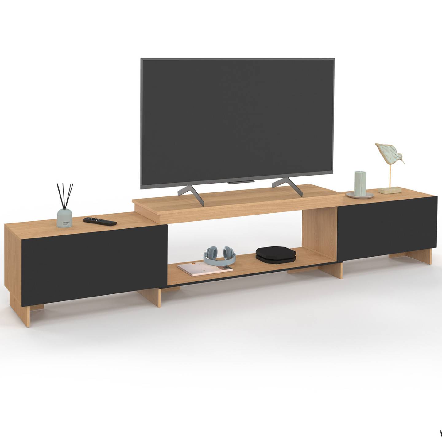 IDMARKET - Meuble TV extensible 140-240 cm VLAD 2 portes bois et noir - Image 8