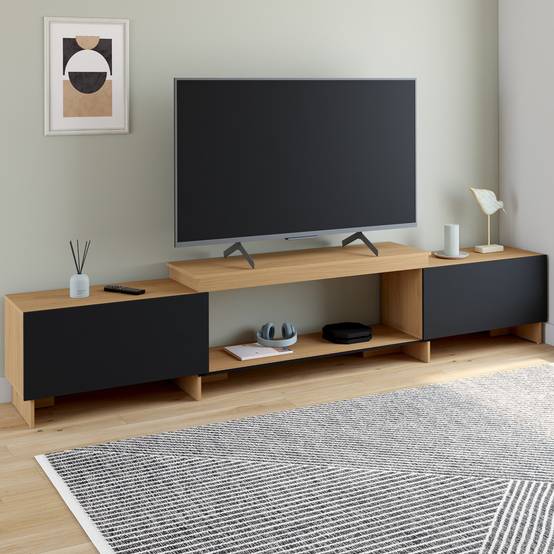 IDMARKET - Meuble TV extensible 140-240 cm VLAD 2 portes bois et noir - Image 1