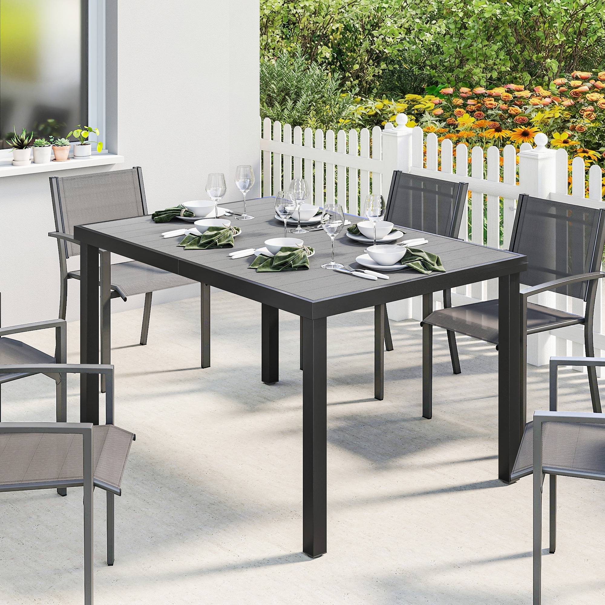 Sans Marque - Table de jardin pour 4 à 6 personnes, table à manger extérieure avec plateau à lattes, 140 x 90 x 74 cm, gris - Image 3