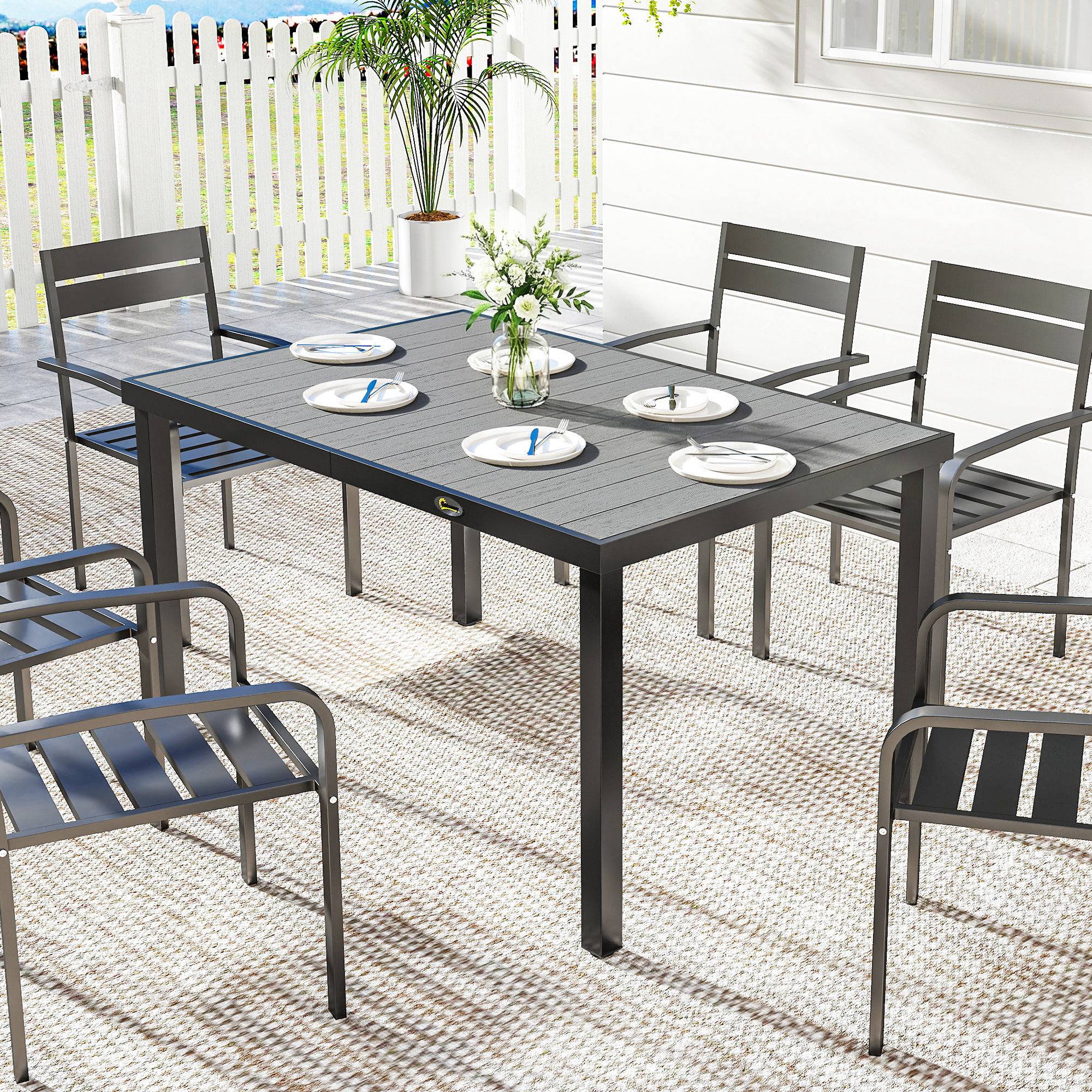 Sans Marque - Table de jardin pour 4 à 6 personnes, table à manger extérieure avec plateau à lattes, 140 x 90 x 74 cm, gris - Image 4