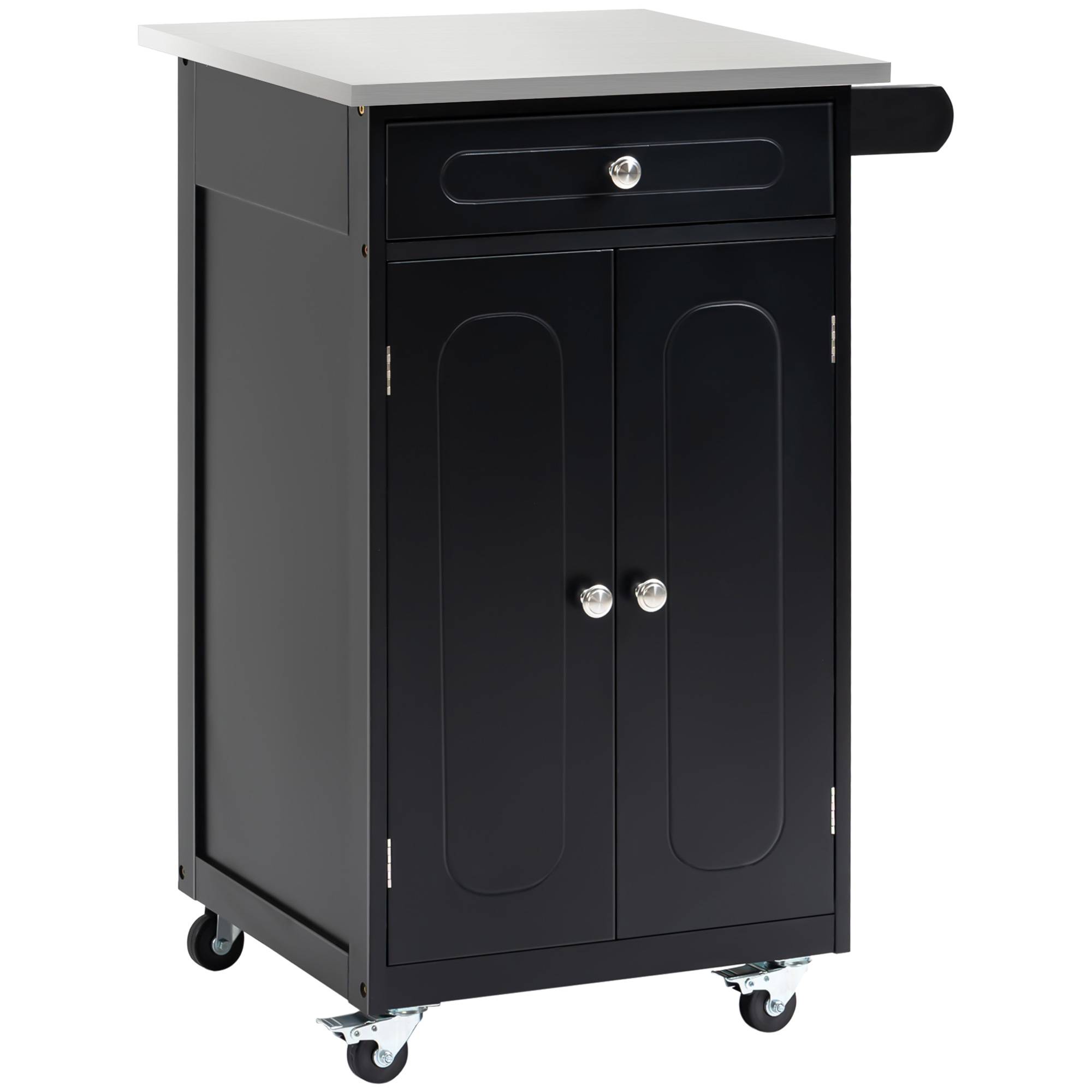 Chariot de service desserte de cuisine à roulettes multi-rangements 1 tiroir placard 2 portes avec étagère porte-torchons MDF noir acier inoxydable - Image 1