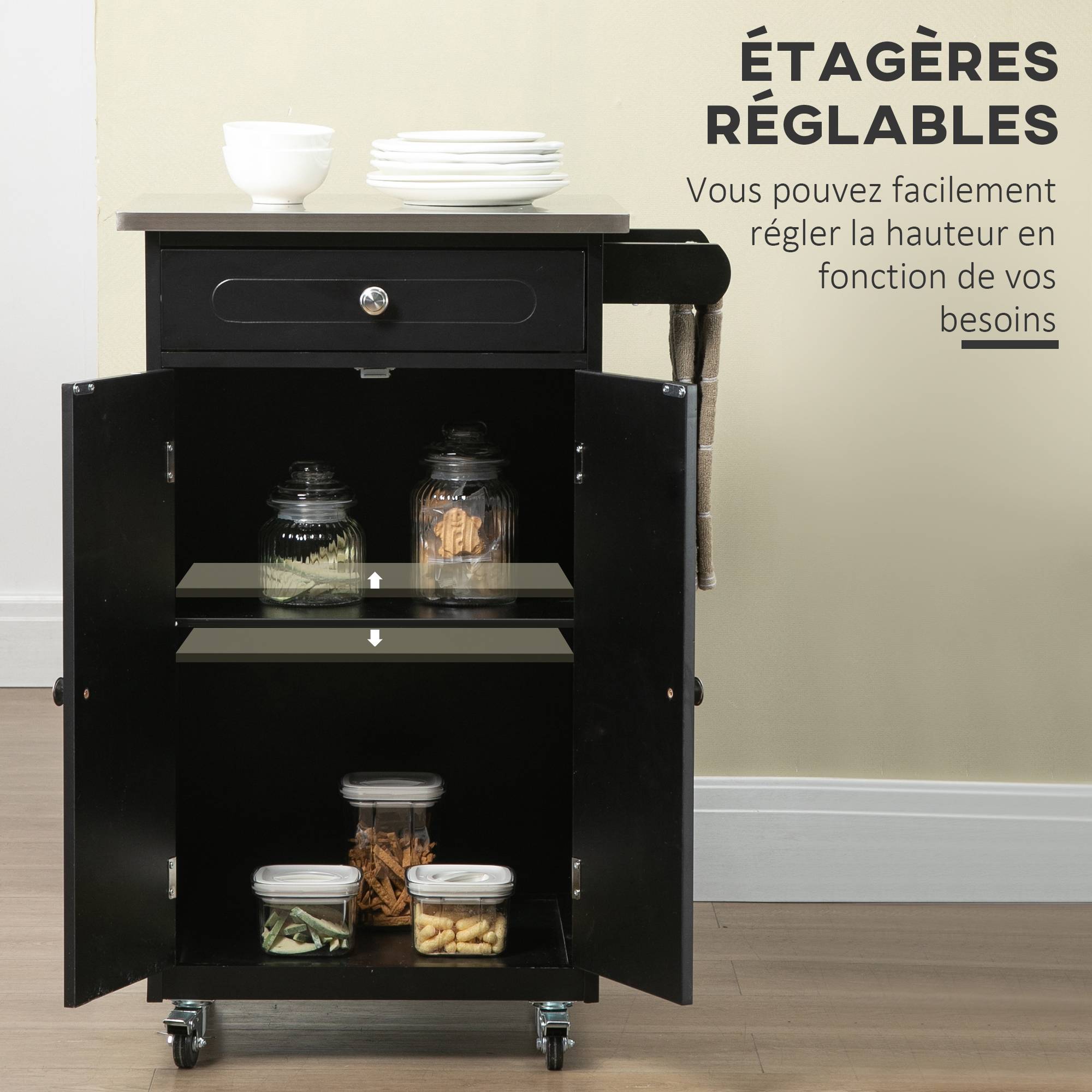Chariot de service desserte de cuisine à roulettes multi-rangements 1 tiroir placard 2 portes avec étagère porte-torchons MDF noir acier inoxydable - Image 9