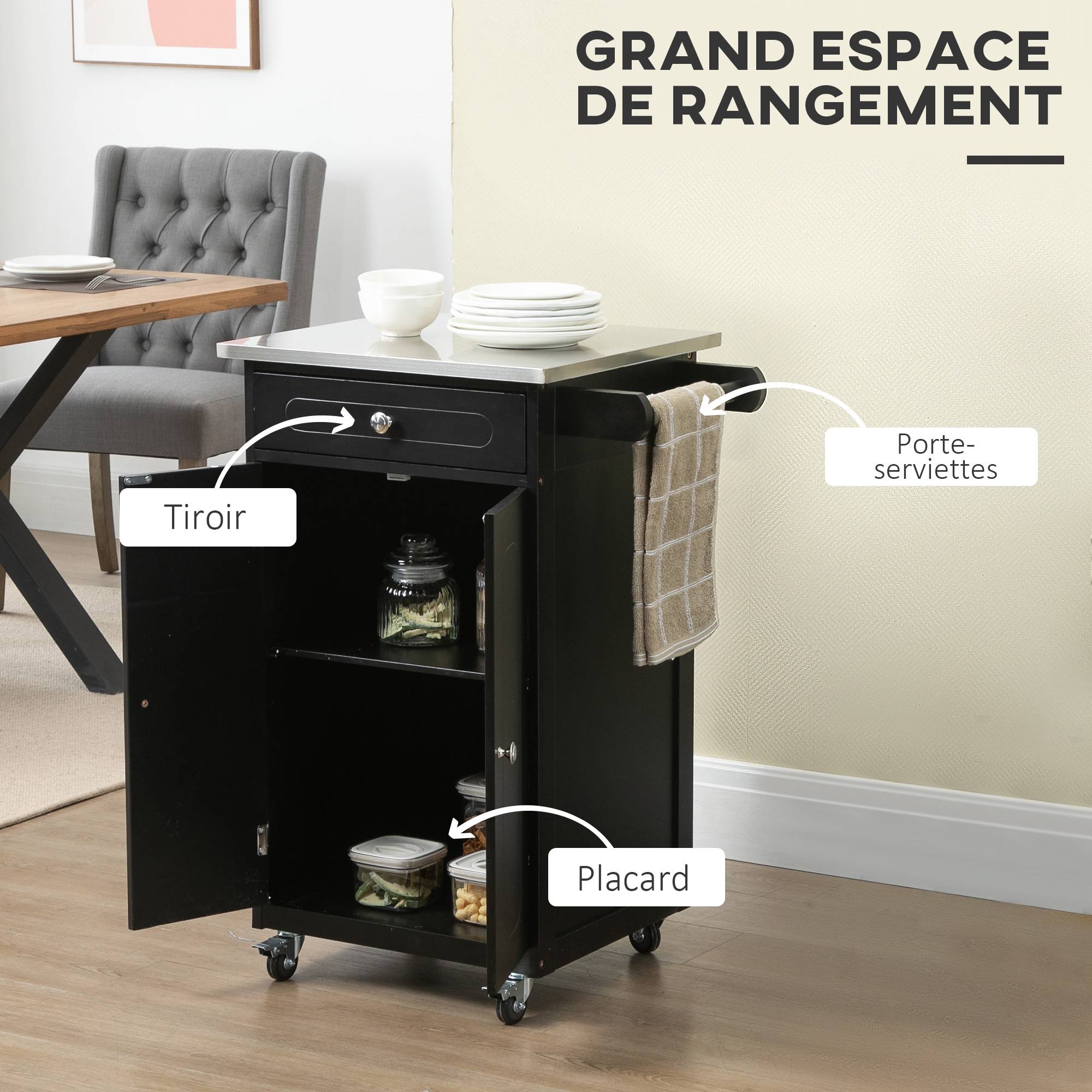 Chariot de service desserte de cuisine à roulettes multi-rangements 1 tiroir placard 2 portes avec étagère porte-torchons MDF noir acier inoxydable - Image 6