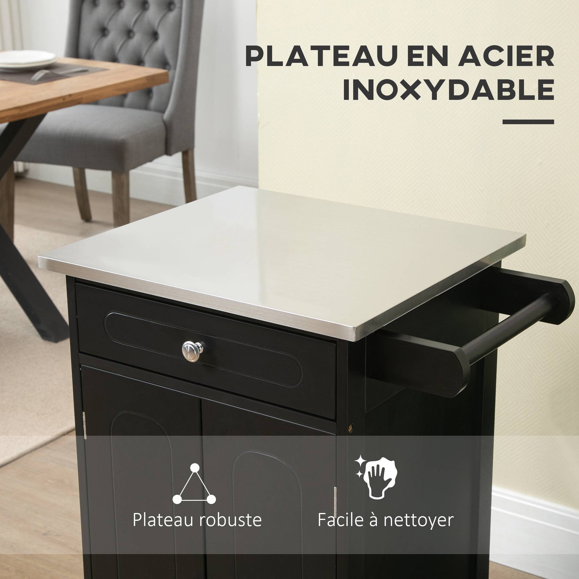 Chariot de service desserte de cuisine à roulettes multi-rangements 1 tiroir placard 2 portes avec étagère porte-torchons MDF noir acier inoxydable - Image 7