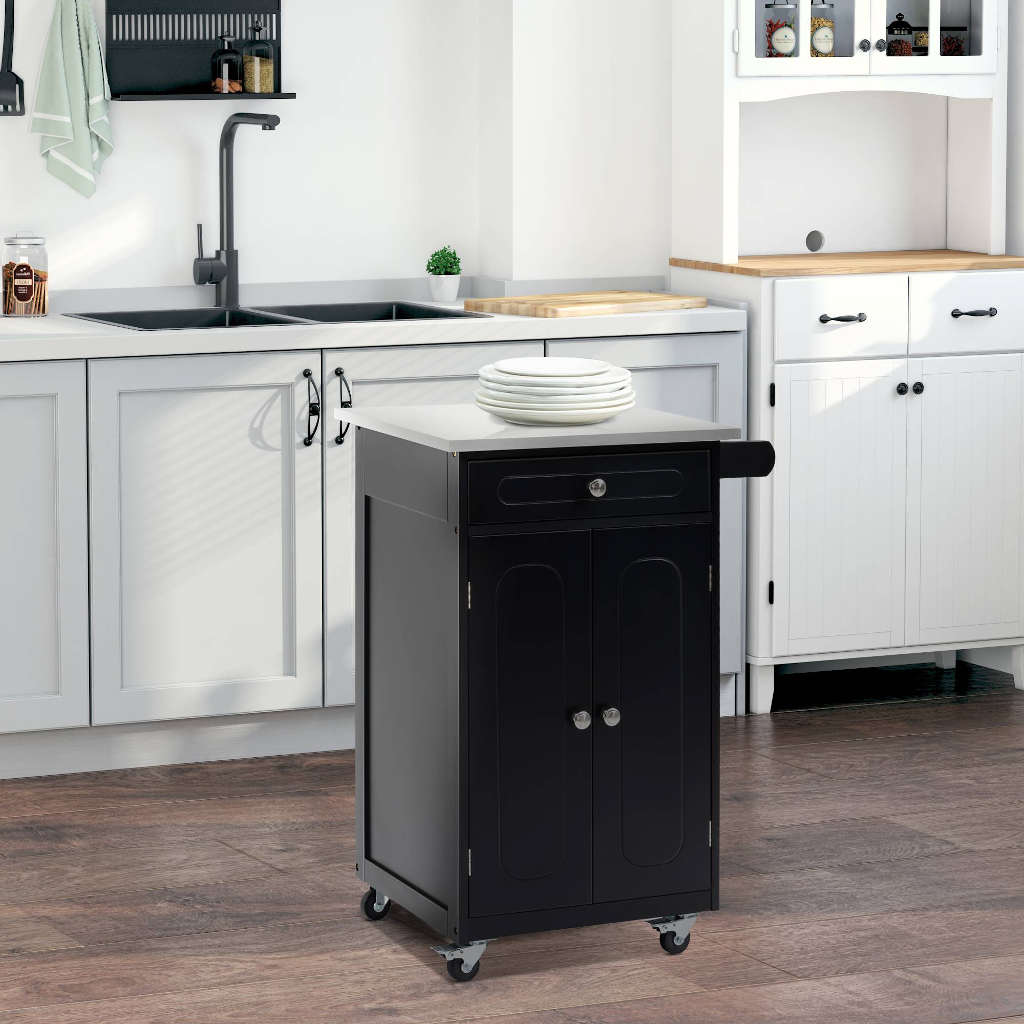 Chariot de service desserte de cuisine à roulettes multi-rangements 1 tiroir placard 2 portes avec étagère porte-torchons MDF noir acier inoxydable - Image 3