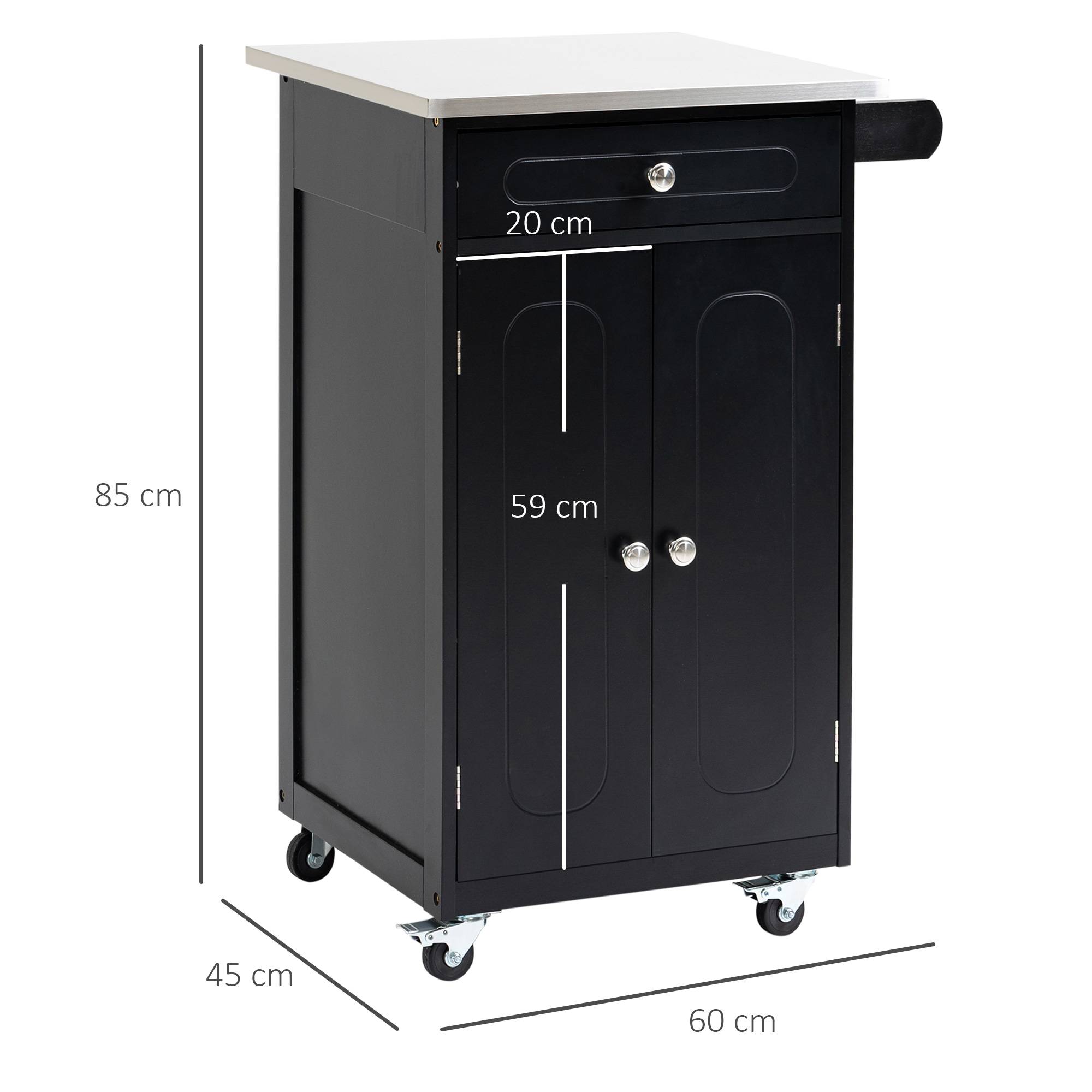 Chariot de service desserte de cuisine à roulettes multi-rangements 1 tiroir placard 2 portes avec étagère porte-torchons MDF noir acier inoxydable - Image 5
