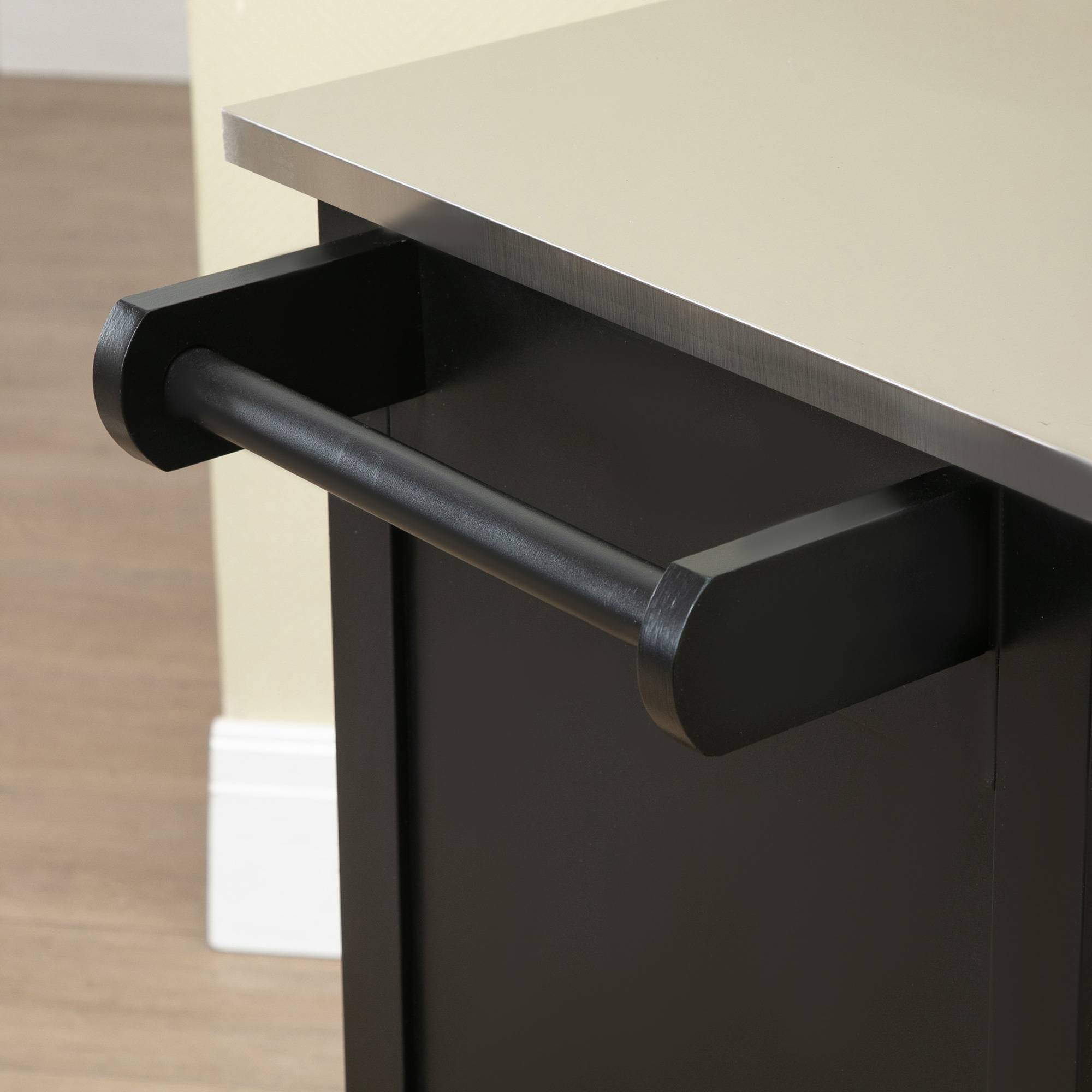 Chariot de service desserte de cuisine à roulettes multi-rangements 1 tiroir placard 2 portes avec étagère porte-torchons MDF noir acier inoxydable - Image 10