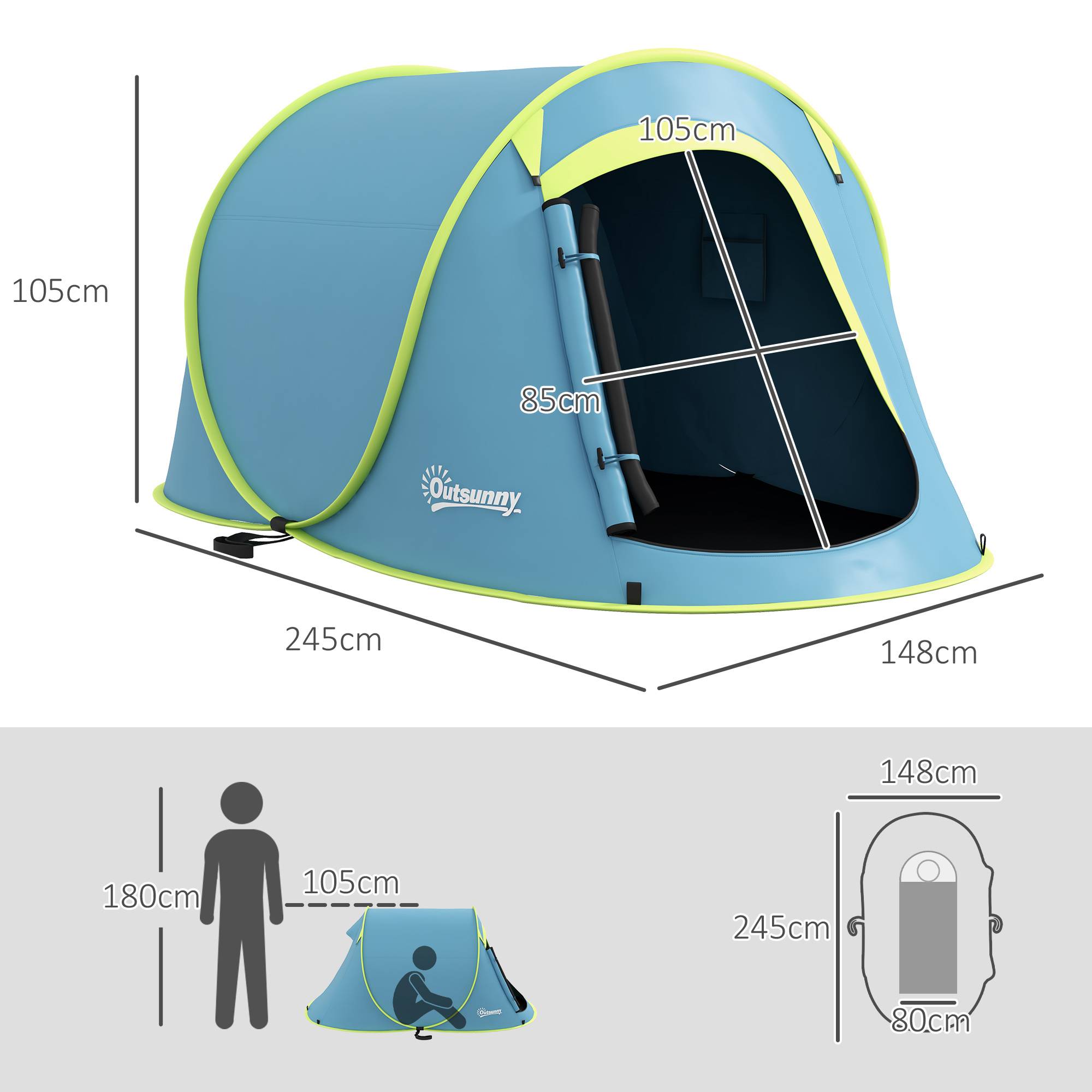 ComfortXL - Tente pop-up polyester 2 personnes montage instantané imperméable 245 x 148 x 105 cm bleue - ComfortXL Outdoor Living - Image 5