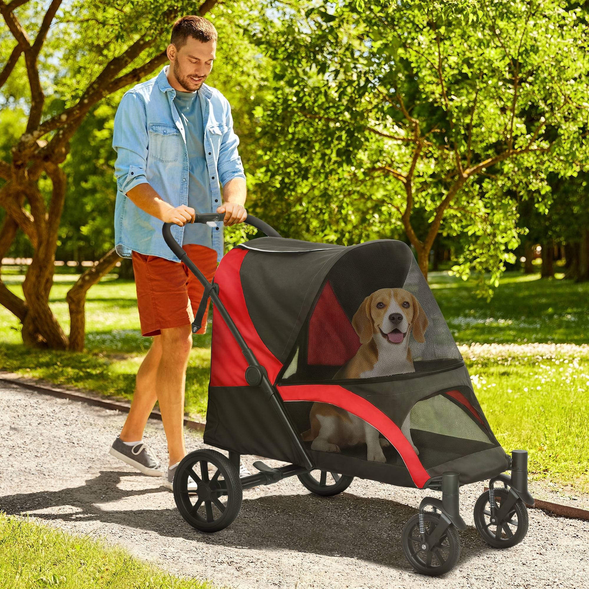 Poussette pour chien, poussette pliable pour chiens de taille moyenne, poussette pour animaux de compagnie à 4 roues, laisses de sécurité, freins - Image 3