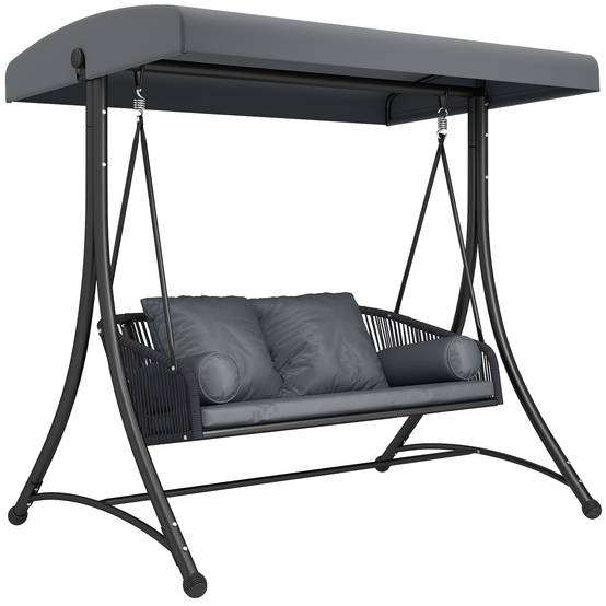 ComfortXL - Balancelle de jardin 2 places métal et résine tressée gris foncé avec toit réglable et coussins confort - Image 10