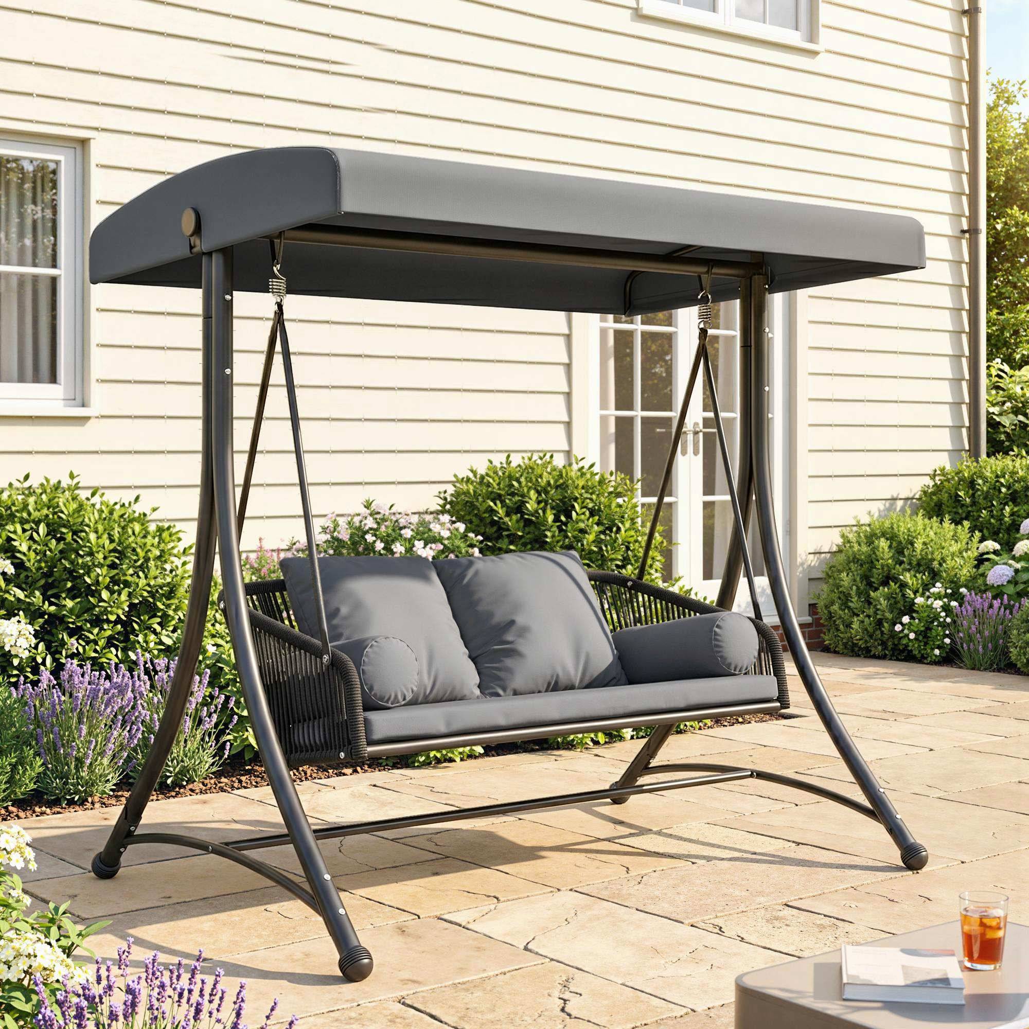 ComfortXL - Balancelle de jardin 2 places métal et résine tressée gris foncé avec toit réglable et coussins confort - Image 1