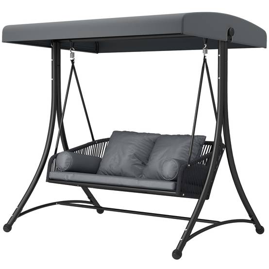 ComfortXL - Balancelle de jardin 2 places métal et résine tressée gris foncé avec toit réglable et coussins confort - Image 2