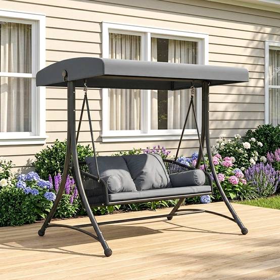 ComfortXL - Balancelle de jardin 2 places métal et résine tressée gris foncé avec toit réglable et coussins confort - Image 9