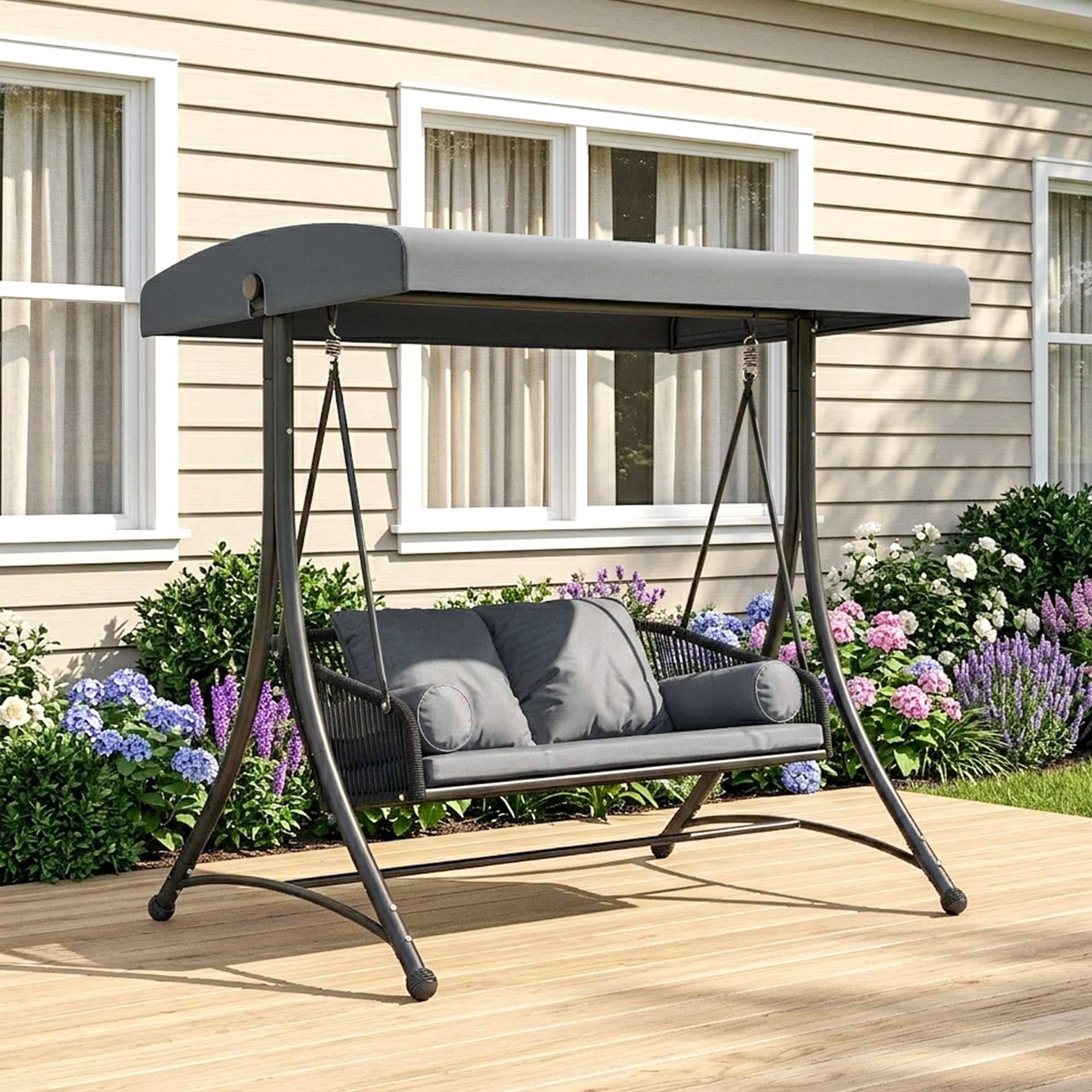 ComfortXL - Balancelle de jardin 2 places métal et résine tressée gris foncé avec toit réglable et coussins confort - Image 9