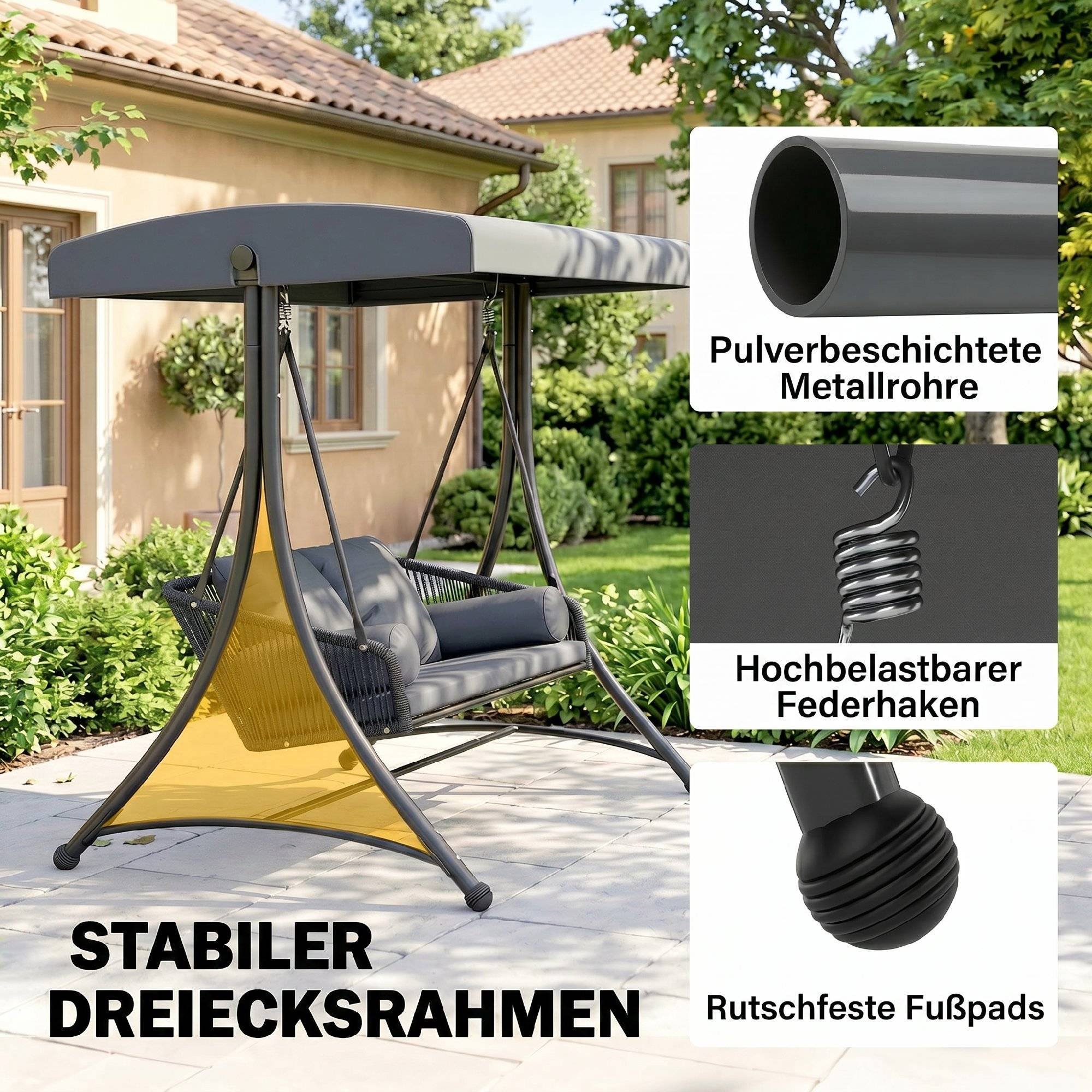 ComfortXL - Balancelle de jardin 2 places métal et résine tressée gris foncé avec toit réglable et coussins confort - Image 5