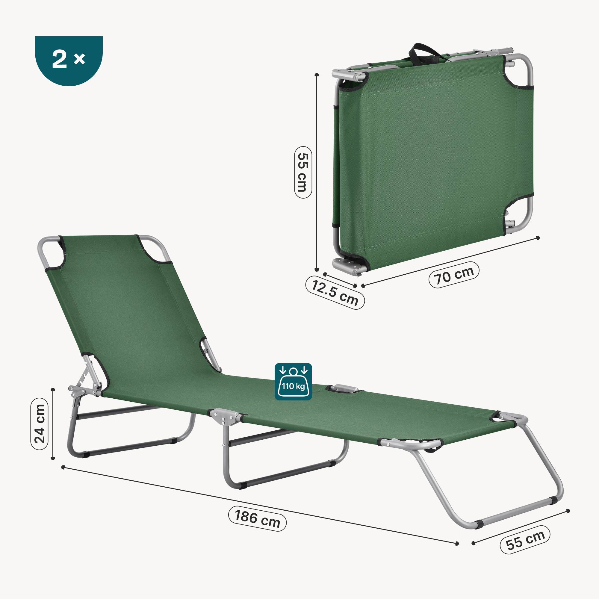 Casa.Pro - Lot de 2 Transats Carcao  Inclinables Acier Polyester Argenté Mat Vert Foncé [casa.pro] - Image 3
