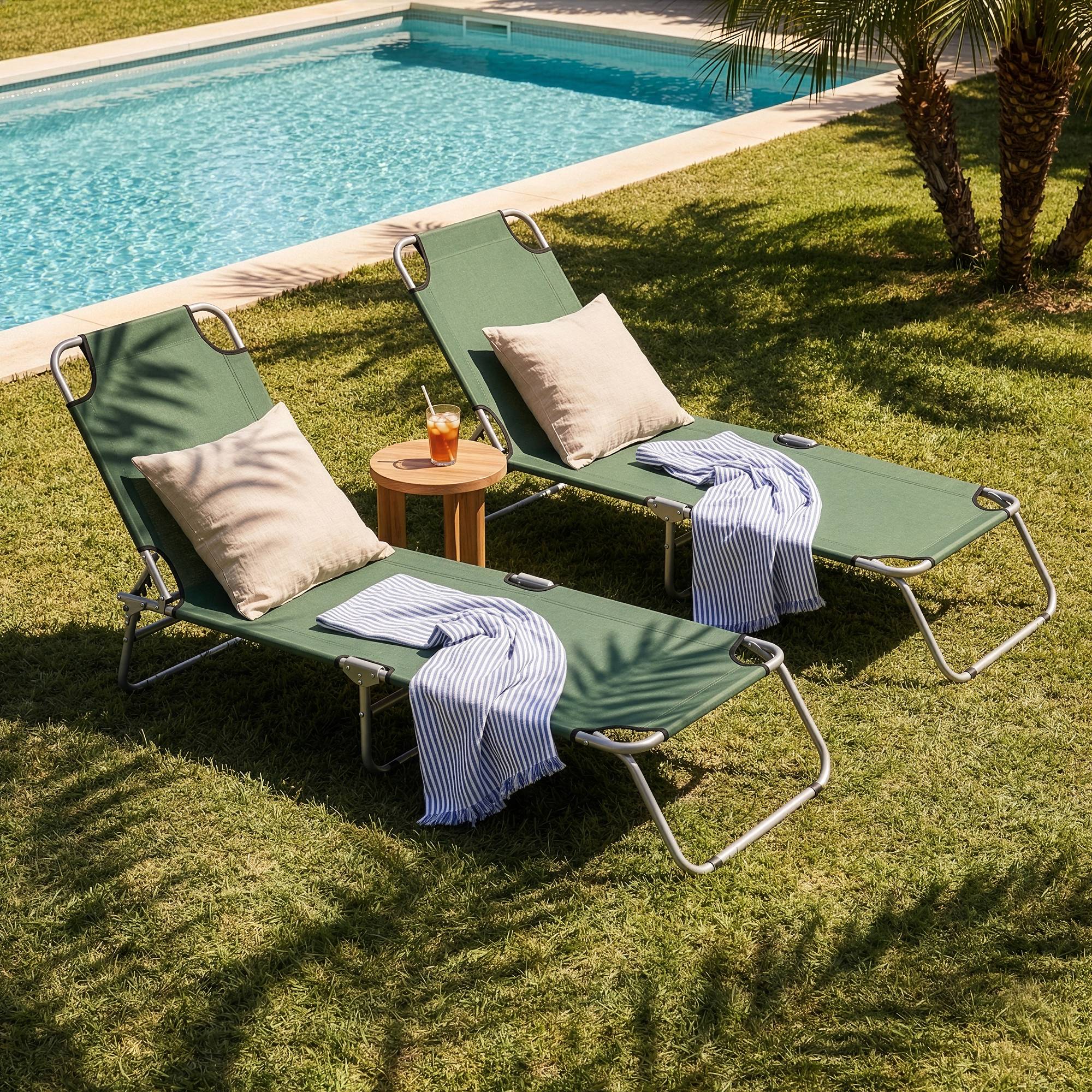 Casa.Pro - Lot de 2 Transats Carcao  Inclinables Acier Polyester Argenté Mat Vert Foncé [casa.pro] - Image 4