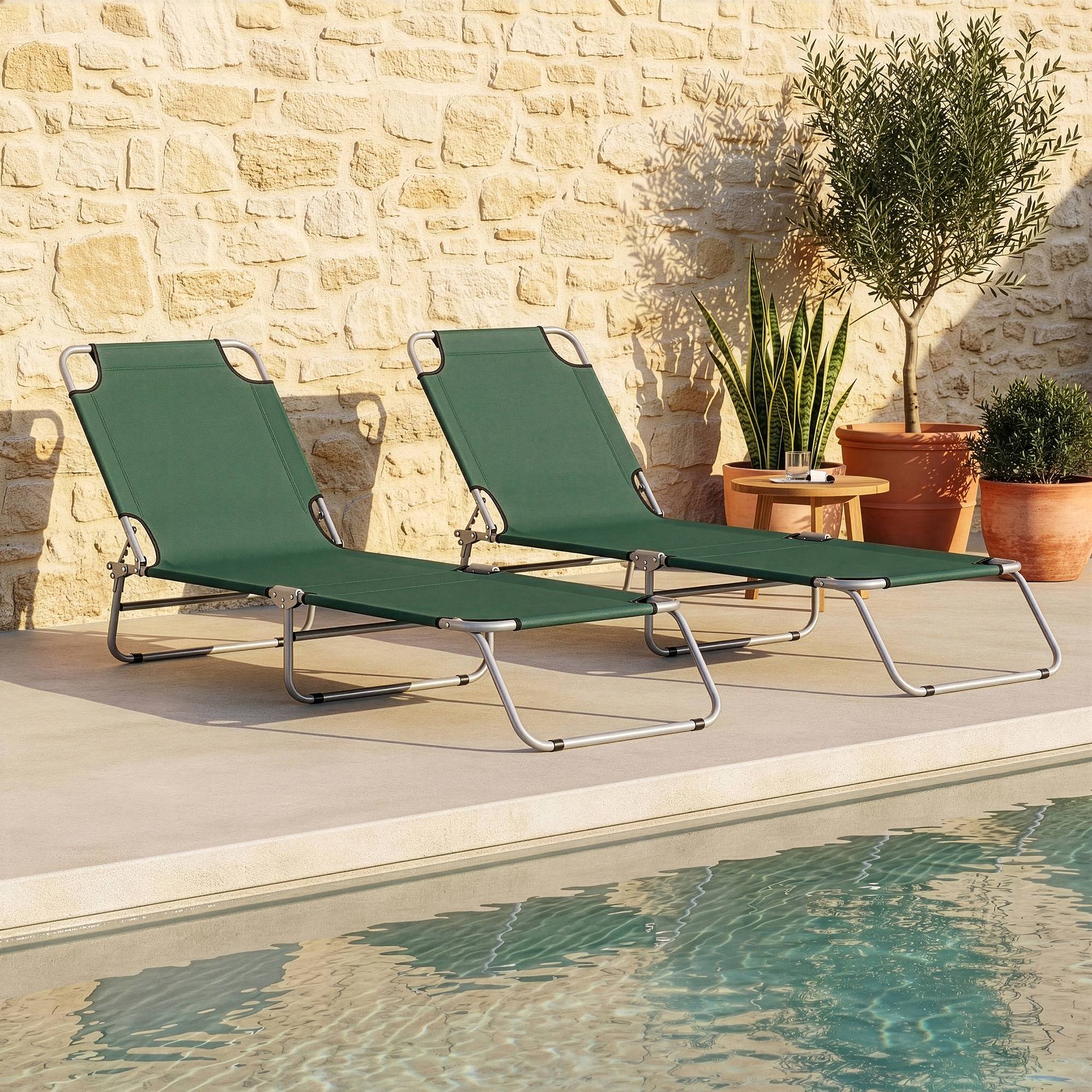 Casa.Pro - Lot de 2 Transats Carcao  Inclinables Acier Polyester Argenté Mat Vert Foncé [casa.pro] - Image 1