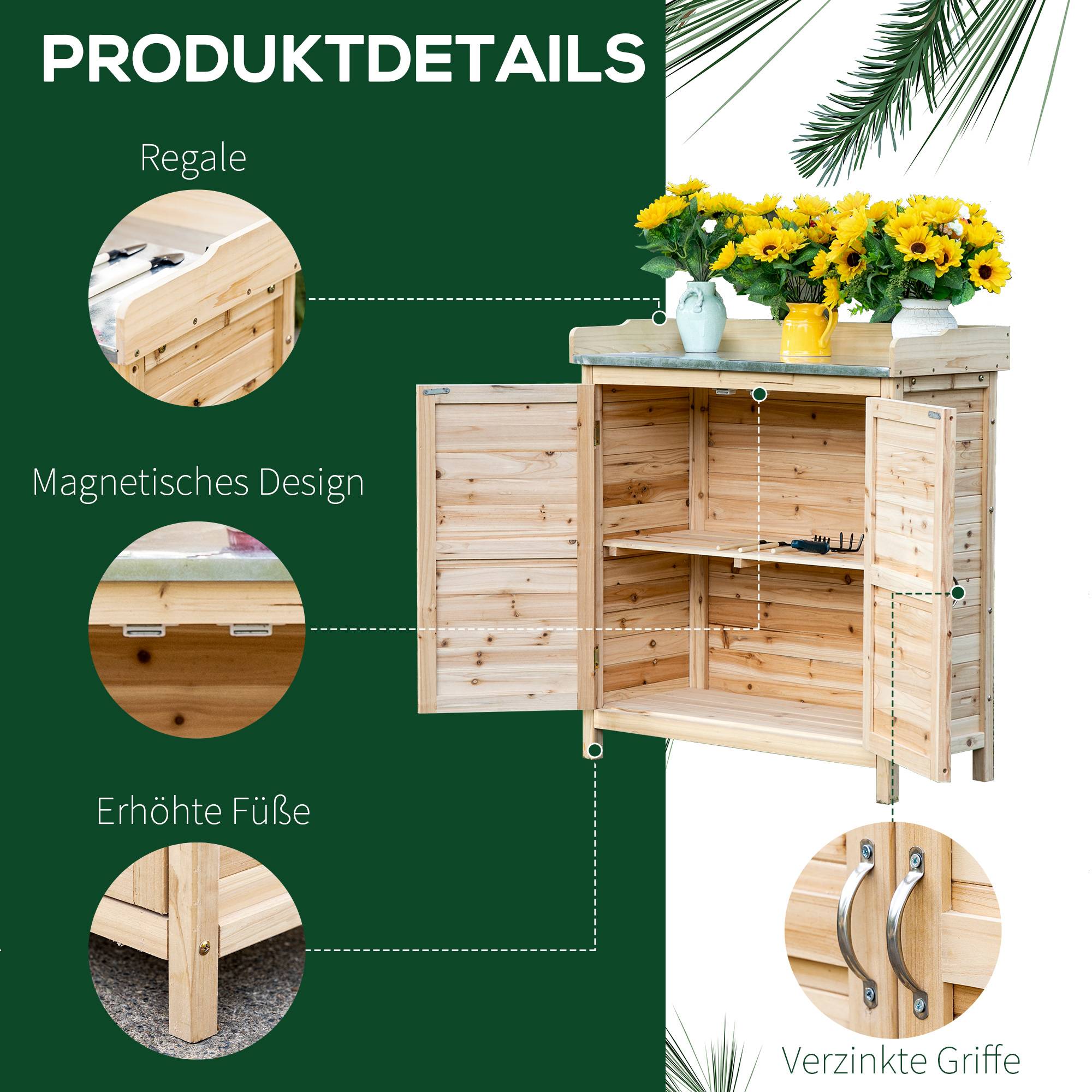 Armoire de Jardin Bois Table de Rempotage Plateau Zingué Rangement Extérieur 83x40x92cm Naturel - ComfortXL Outdoor Living - Image 5