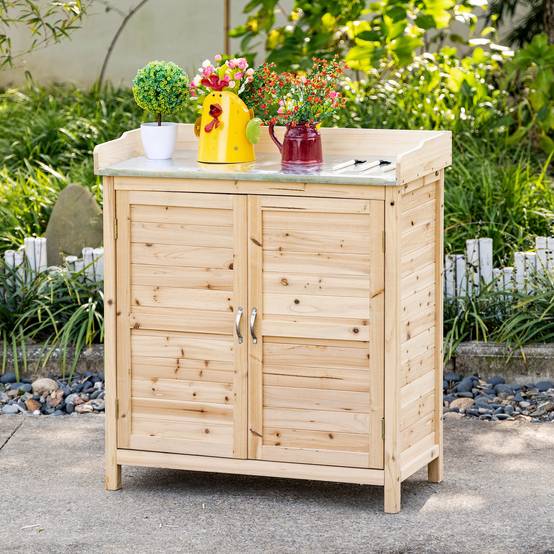 Armoire de Jardin Bois Table de Rempotage Plateau Zingué Rangement Extérieur 83x40x92cm Naturel - ComfortXL Outdoor Living - Image 1