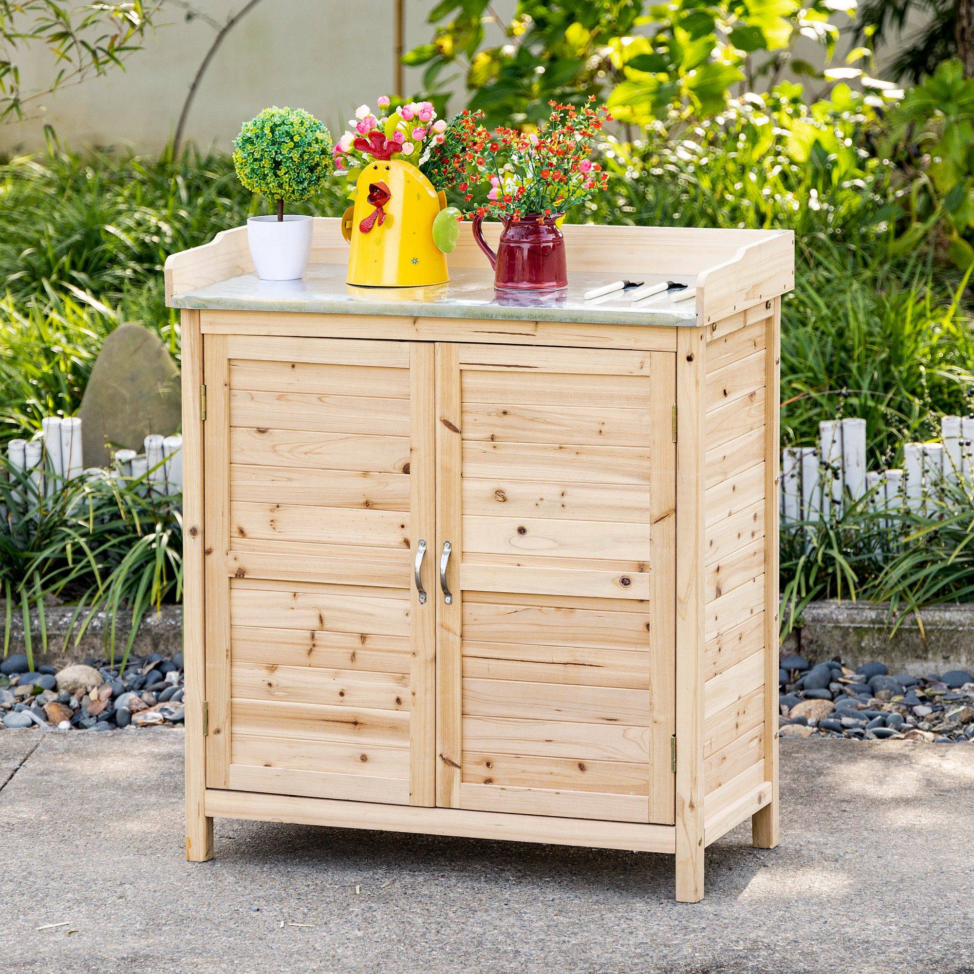Armoire de Jardin Bois Table de Rempotage Plateau Zingué Rangement Extérieur 83x40x92cm Naturel - ComfortXL Outdoor Living - Image 1