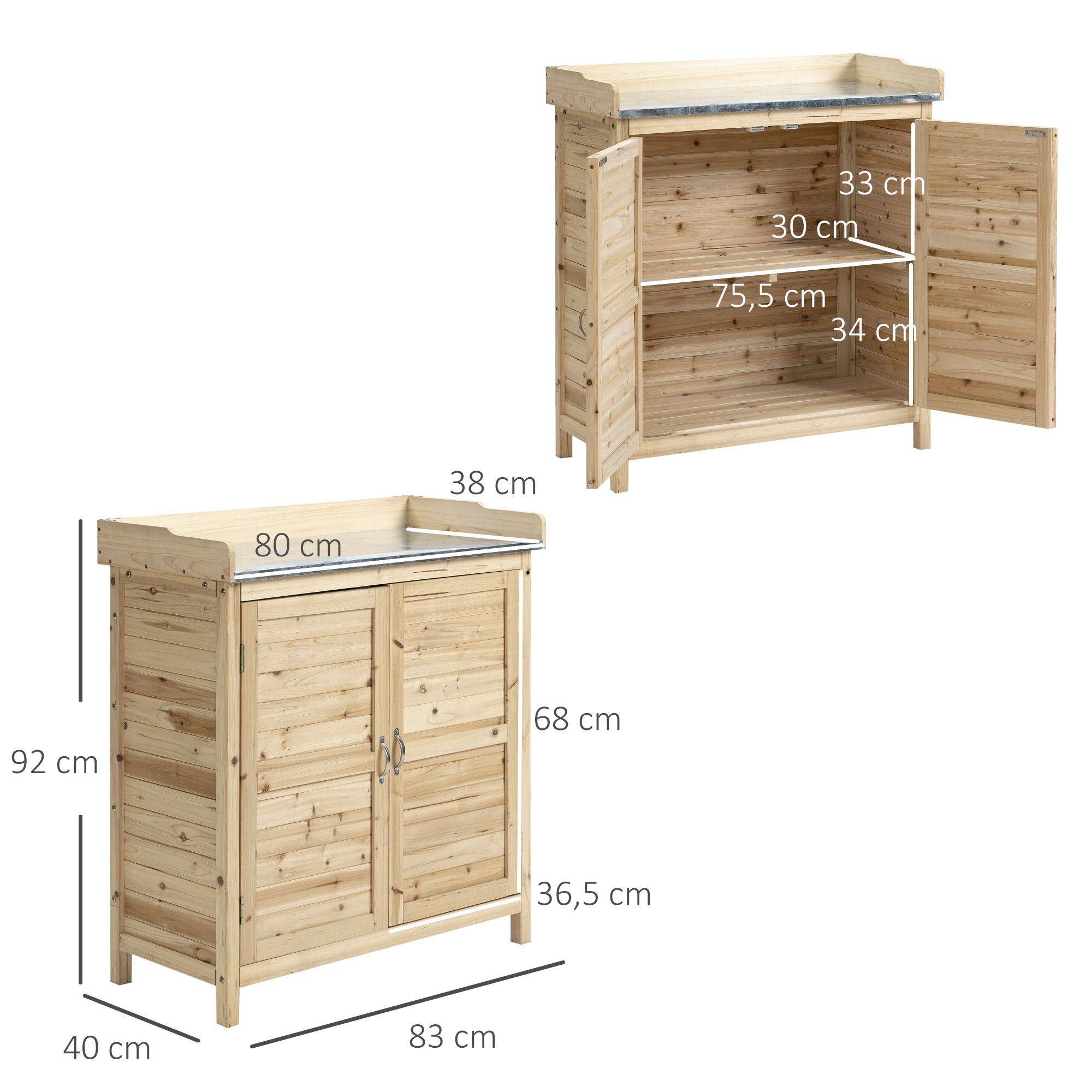 Armoire de Jardin Bois Table de Rempotage Plateau Zingué Rangement Extérieur 83x40x92cm Naturel - ComfortXL Outdoor Living - Image 3