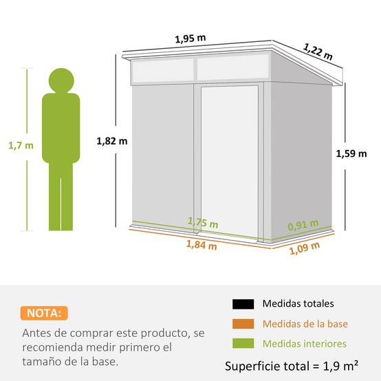 Abri de jardin en métal avec porte coulissante, fenêtres et ventilation pour le rangement extérieur 195 x 122 x 159/182 cm Gris - Image 5