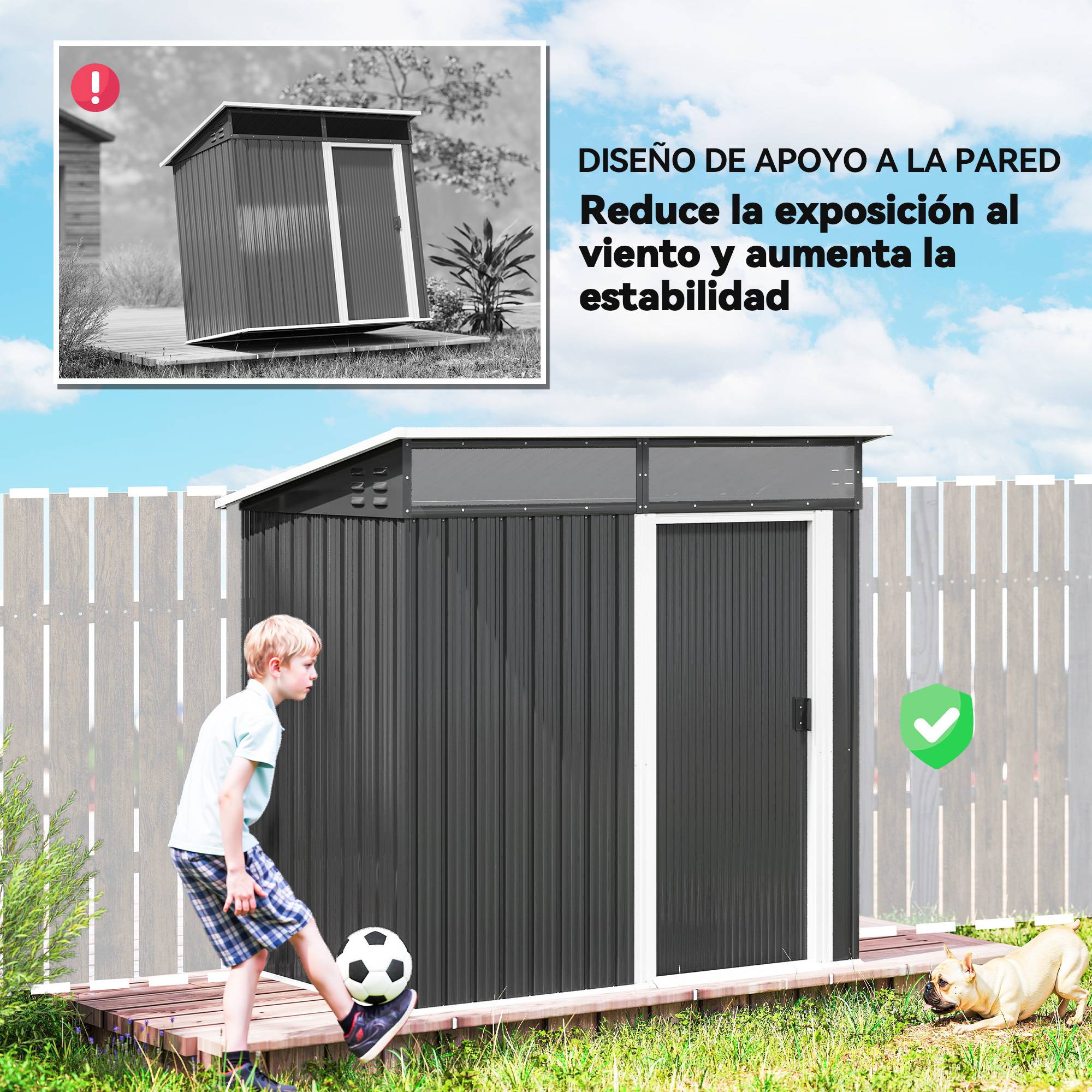 Abri de jardin en métal avec porte coulissante, fenêtres et ventilation pour le rangement extérieur 195 x 122 x 159/182 cm Gris - Image 10