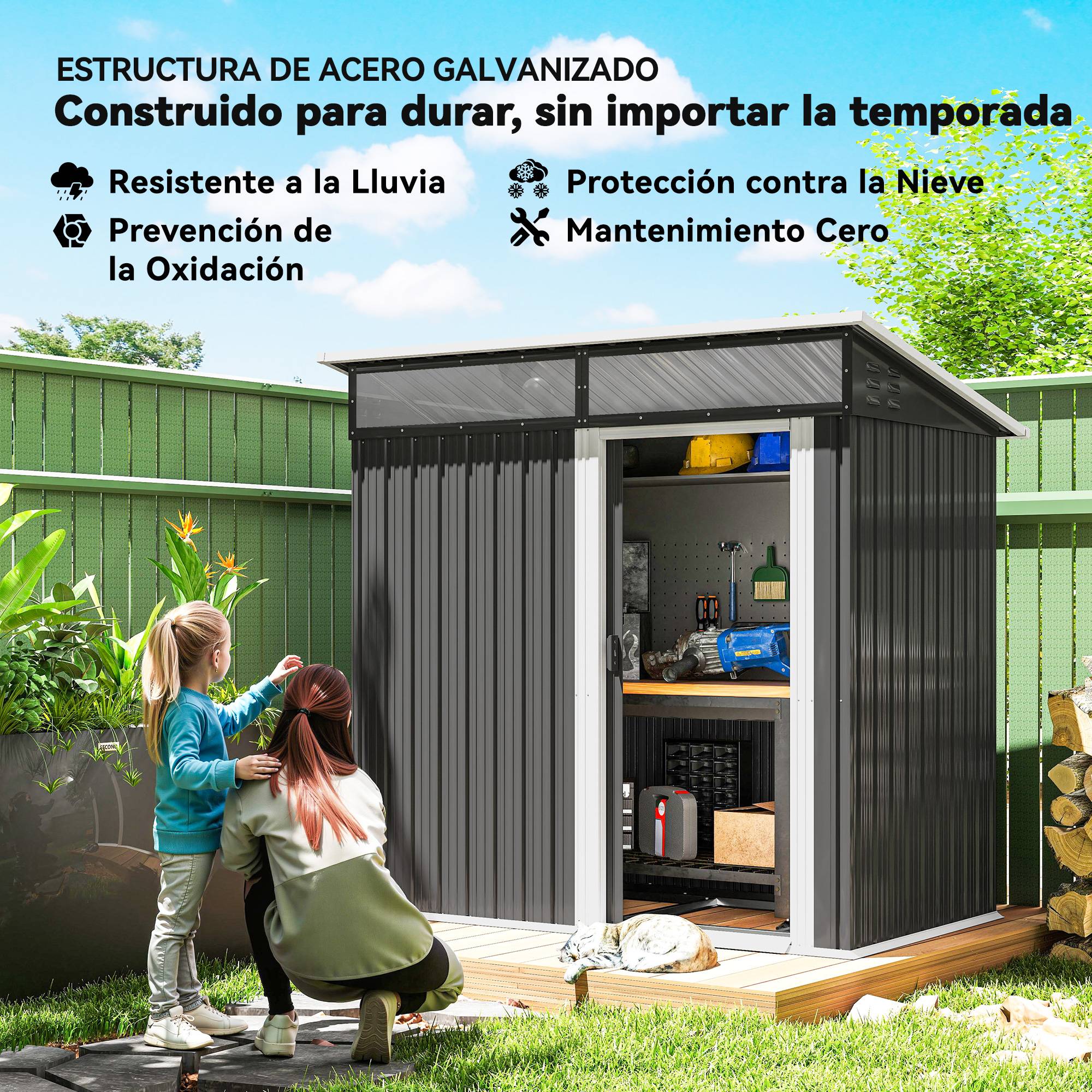 Abri de jardin en métal avec porte coulissante, fenêtres et ventilation pour le rangement extérieur 195 x 122 x 159/182 cm Gris - Image 6