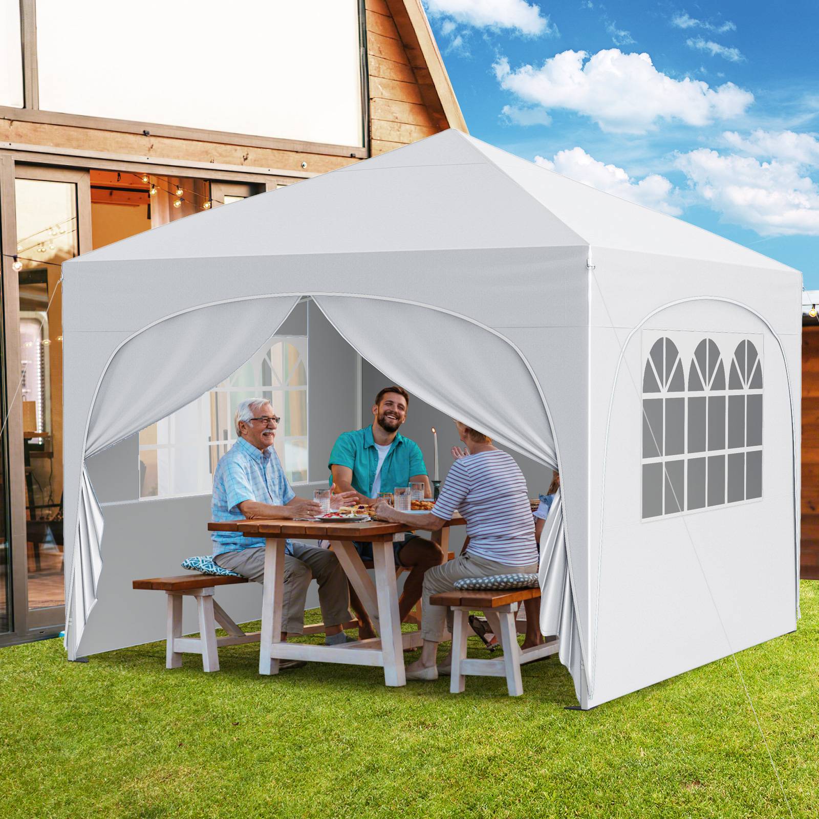 Costway - Tonnelle de Jardin 3x3M avec 4 Parois Latérales Amovibles, Tente de Reception Portable avec Sac à roulettes 8 Piquets 4 Cordes à Vent 4 Sacs, Blanc - Image 2