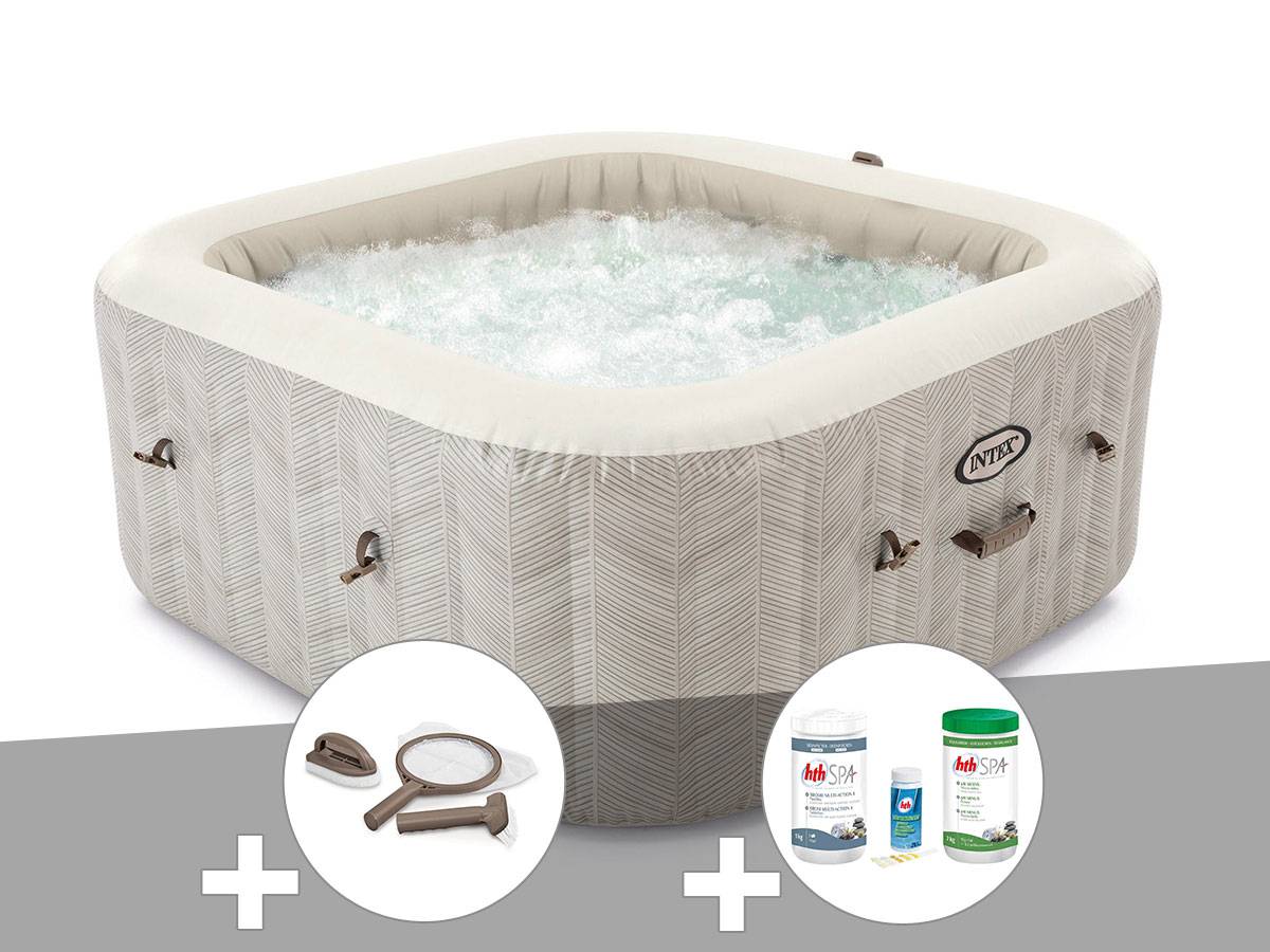 Kit spa gonflable Intex PureSpa Chevron carré Bulles 6 places + Kit d'entretien + Kit de traitement brome