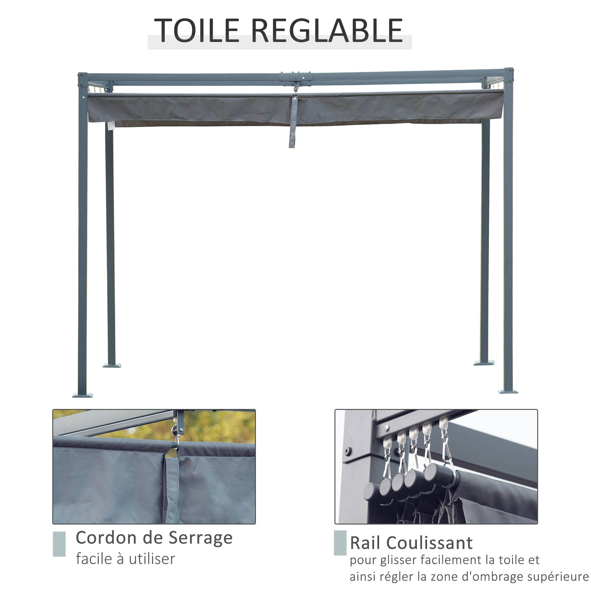Outsunny - Pergola coulissante rétractable 4x3m structure métal époxy anticorrosion toile polyester 180g/m² gris foncé - Outsunny - Image 4
