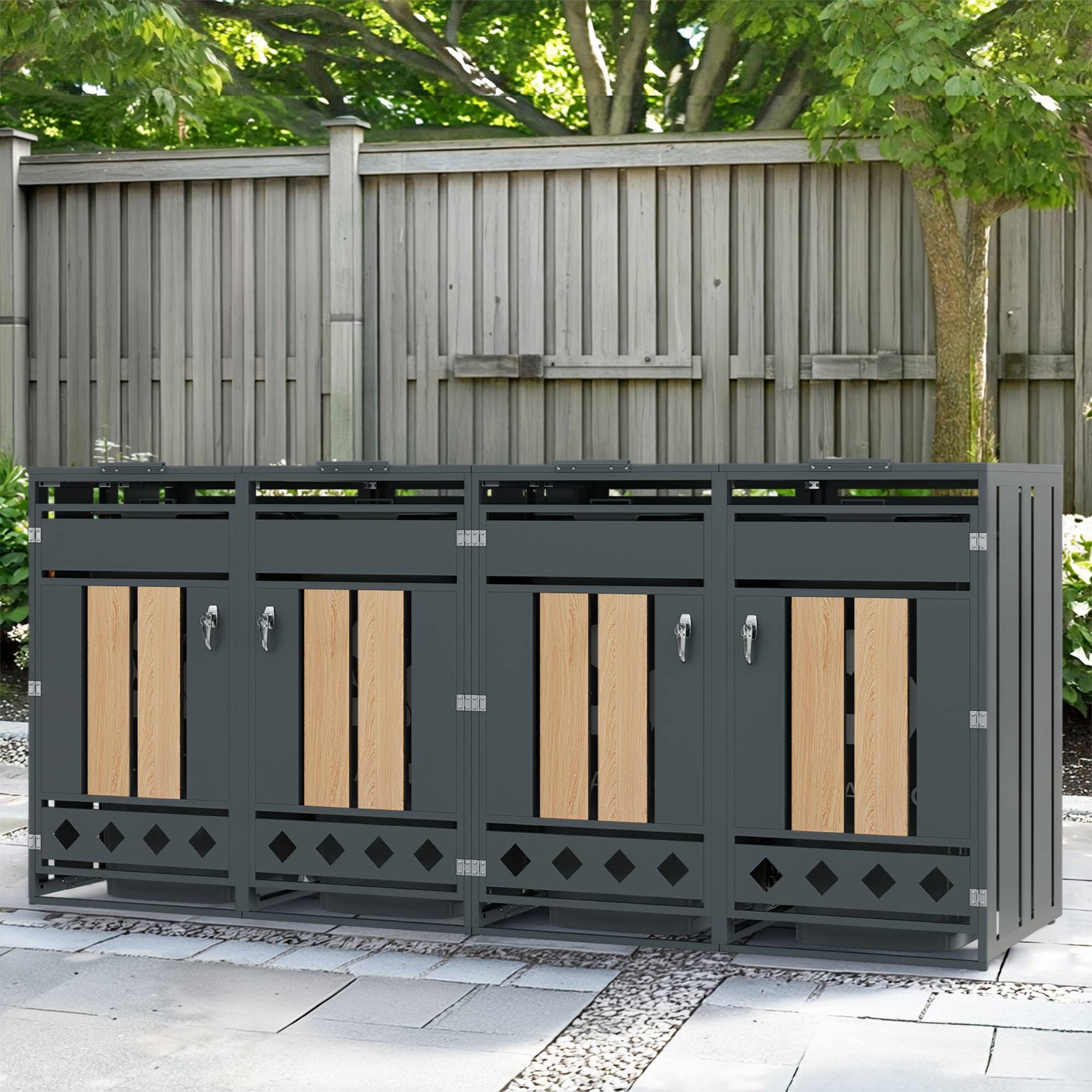 Cache-poubelle 4 bacs acier galvanisé extérieur couvercle hydraulique verrouillable gris bois - ComfortXL Outdoor Living - Image 1
