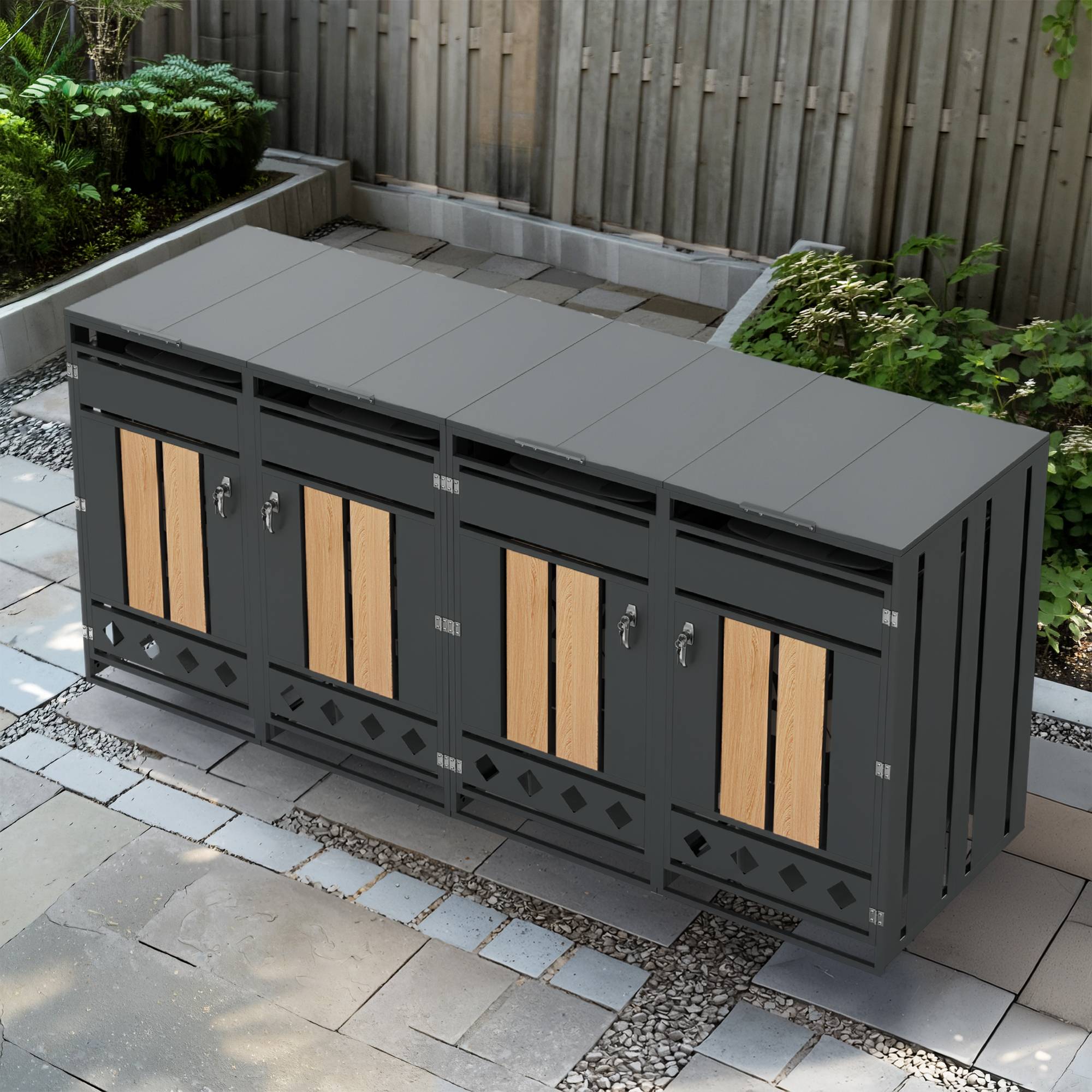 Cache-poubelle 4 bacs acier galvanisé extérieur couvercle hydraulique verrouillable gris bois - ComfortXL Outdoor Living - Image 4