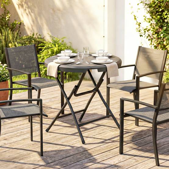 Sans Marque - Table jardin ronde pliable 4 personnes aspect bois acier plastique gris foncé 80x80x73 cm - Image 3