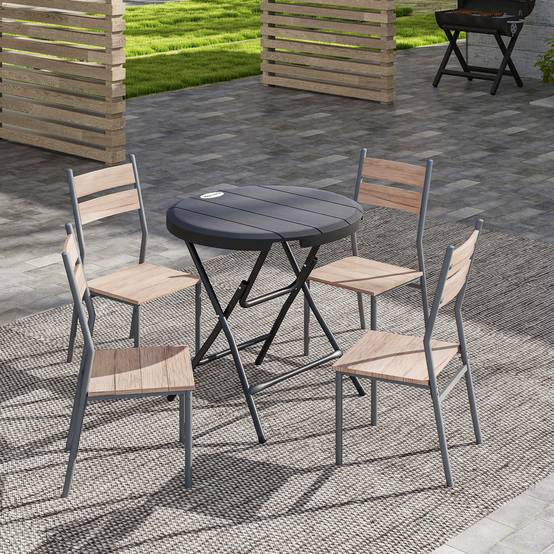Sans Marque - Table jardin ronde pliable 4 personnes aspect bois acier plastique gris foncé 80x80x73 cm - Image 4