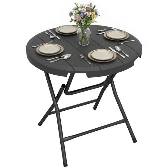 Sans Marque - Table jardin ronde pliable 4 personnes aspect bois acier plastique gris foncé 80x80x73 cm - Image 1