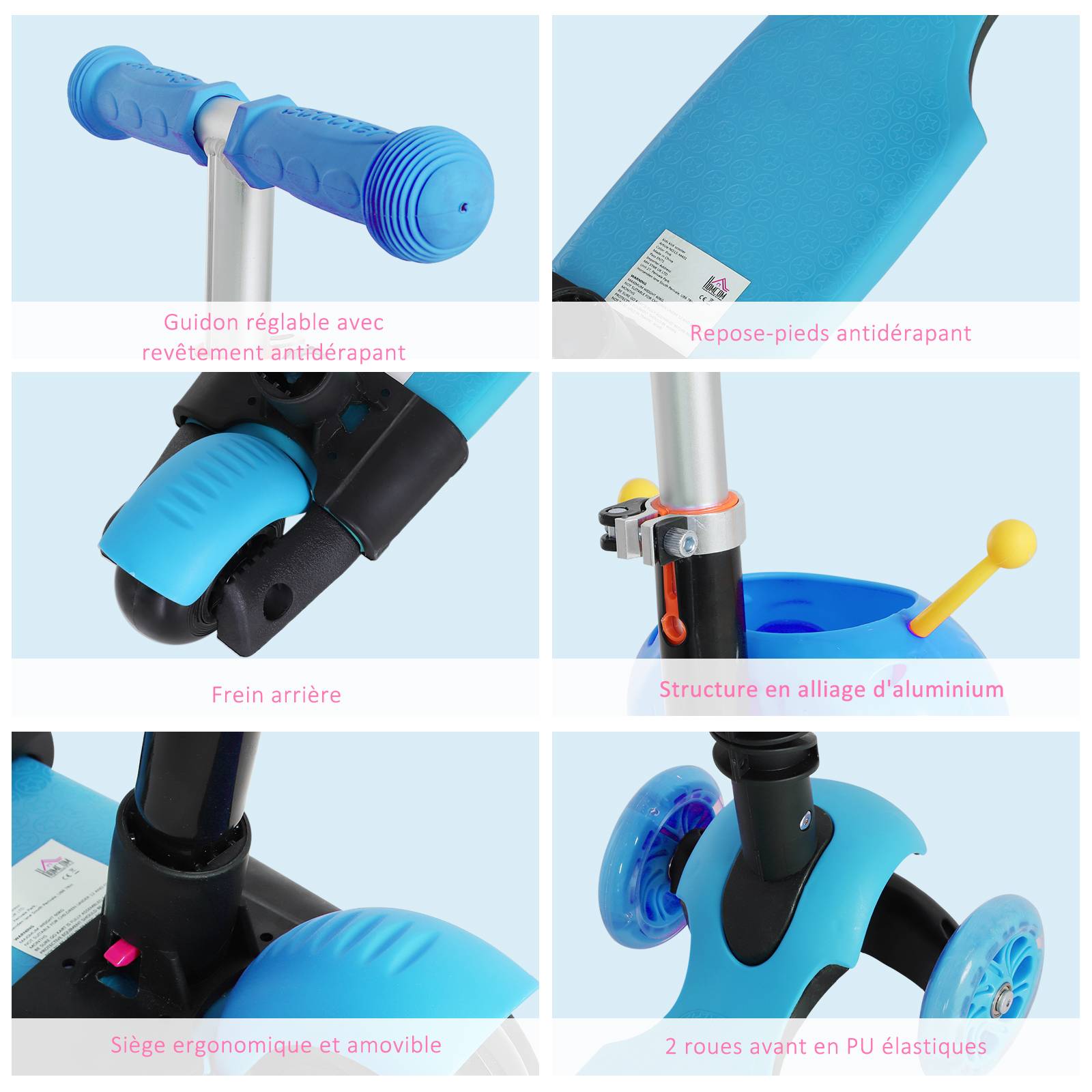 5 en 1 Trottinette Enfants 3 Roues évolutive guidon réglable 60 Kg canne télescopique selle dossier amovible Bleu - Image 9
