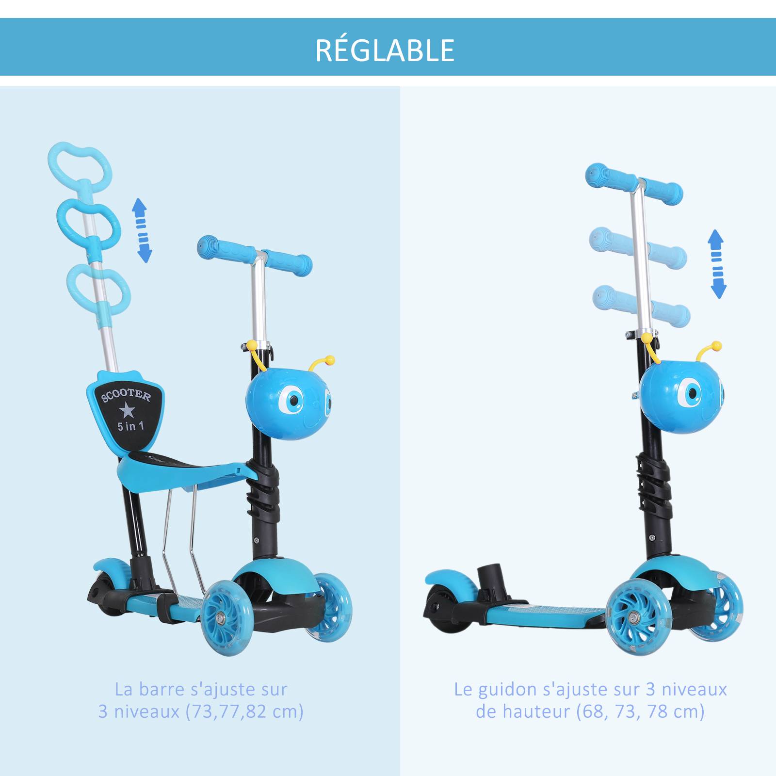 5 en 1 Trottinette Enfants 3 Roues évolutive guidon réglable 60 Kg canne télescopique selle dossier amovible Bleu - Image 8