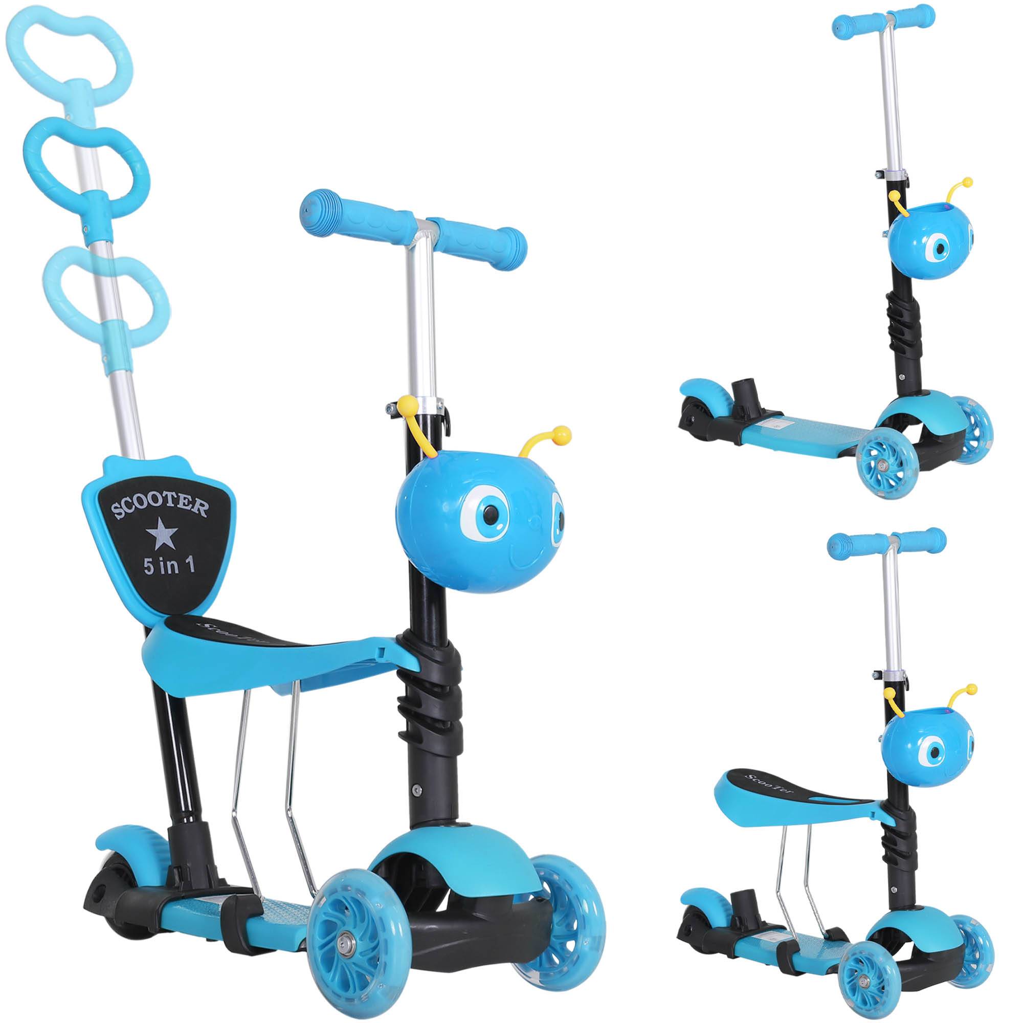 5 en 1 Trottinette Enfants 3 Roues évolutive guidon réglable 60 Kg canne télescopique selle dossier amovible Bleu - Image 1