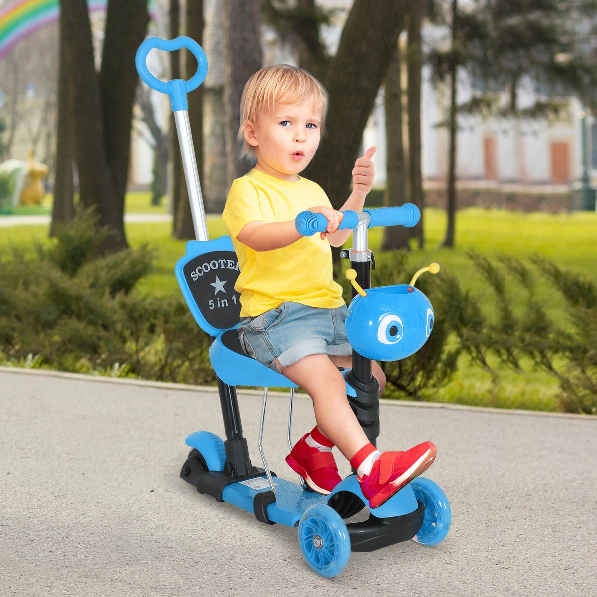 5 en 1 Trottinette Enfants 3 Roues évolutive guidon réglable 60 Kg canne télescopique selle dossier amovible Bleu - Image 4