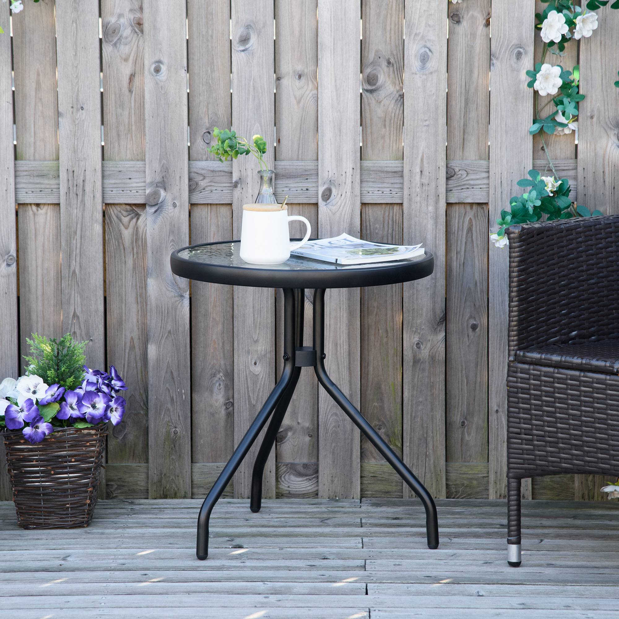 Table bistro de jardin table basse ronde avec plateau verre trempé métal époxy Ø 50 x 55H cm noir - Image 2
