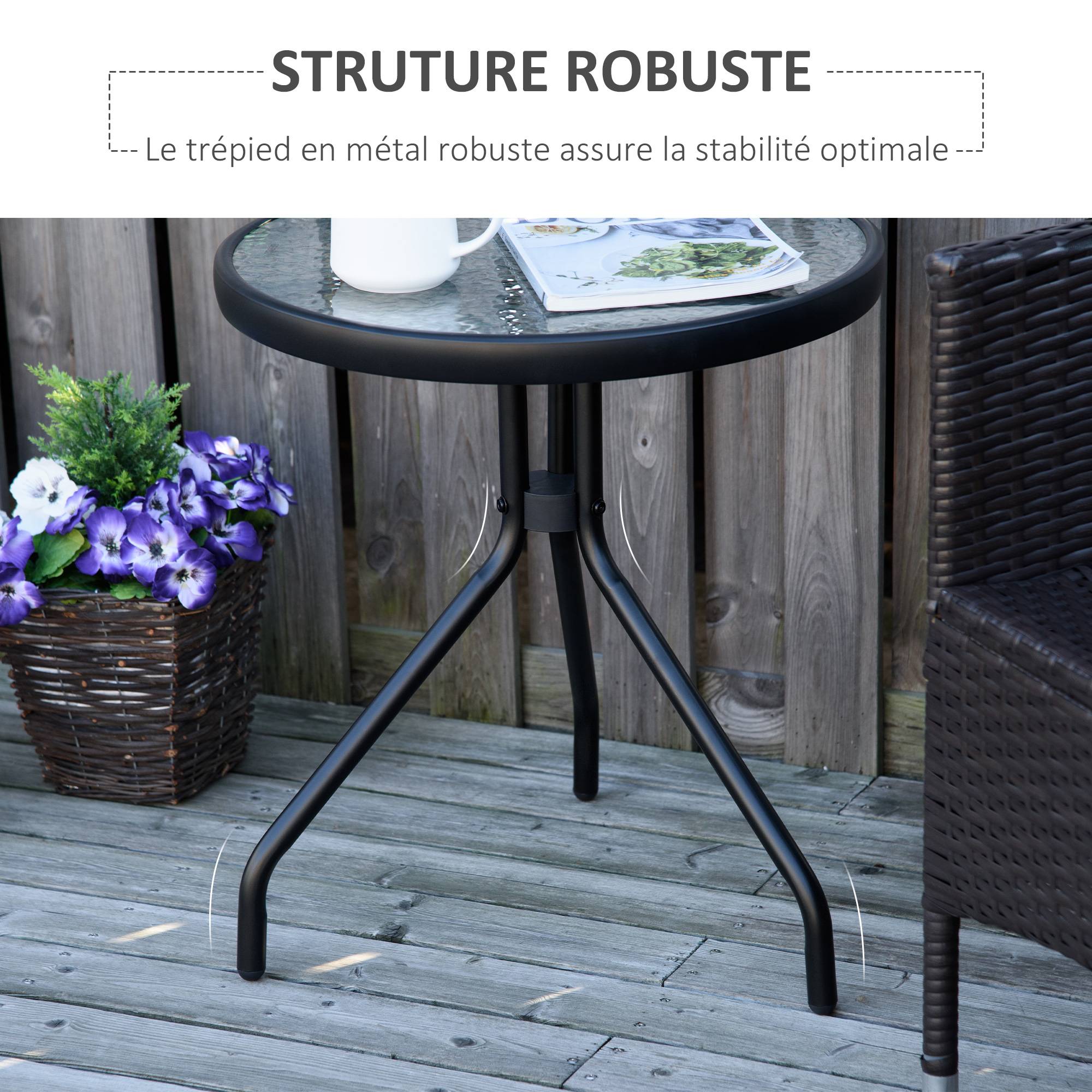 Table bistro de jardin table basse ronde avec plateau verre trempé métal époxy Ø 50 x 55H cm noir - Image 6