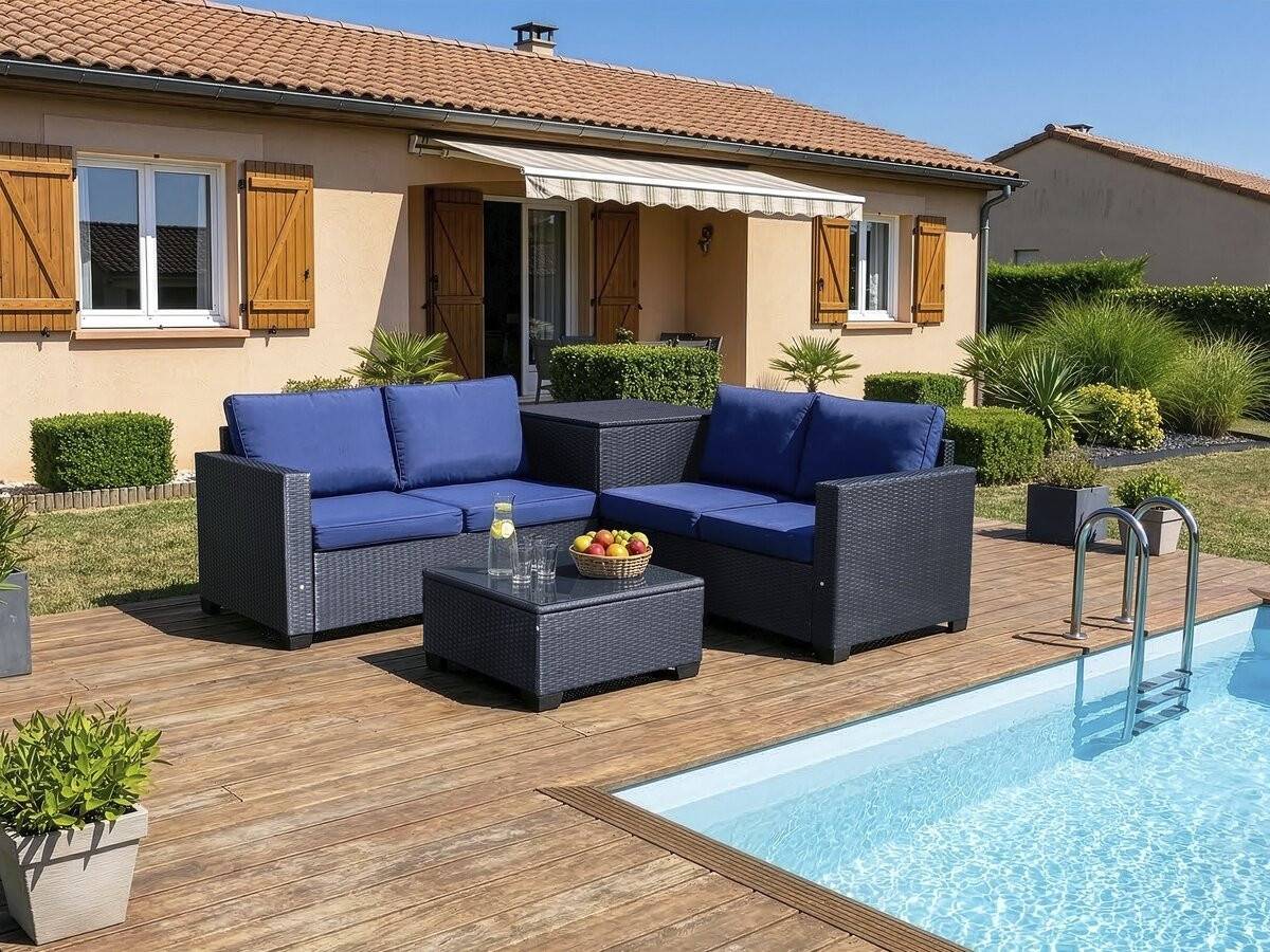 Habitat Et Jardin - Salon De Jardin En Résine Tressée Avec Coffre De Rangement "riley" - 4 Places - Bleu Foncé -habitat Et Jardin - Image 2