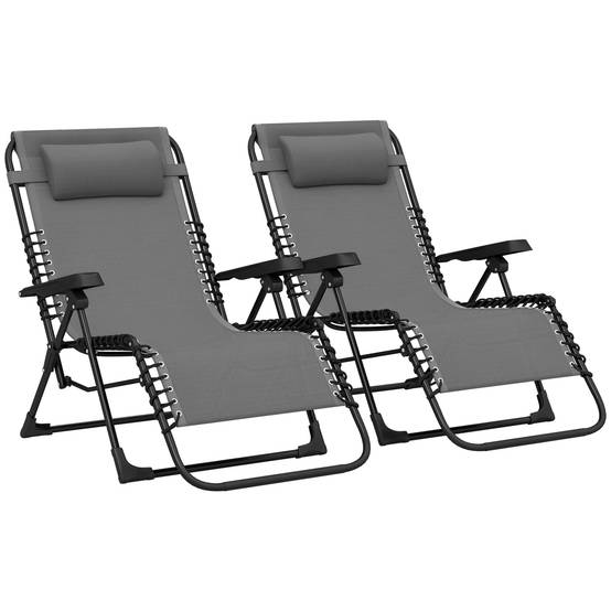 Lot de 2 bain de soleil, chaise longue pliante inclinable avec appuie-tête en textilène, 90 x 65 x 112 cm, gris - Image 1