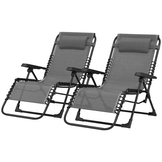 Lot de 2 bain de soleil, chaise longue pliante inclinable avec appuie-tête en textilène, 90 x 65 x 112 cm, gris - Image 2