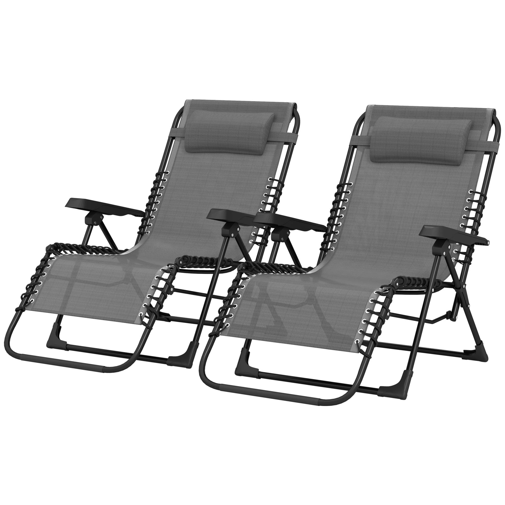 Lot de 2 bain de soleil, chaise longue pliante inclinable avec appuie-tête en textilène, 90 x 65 x 112 cm, gris - Image 2